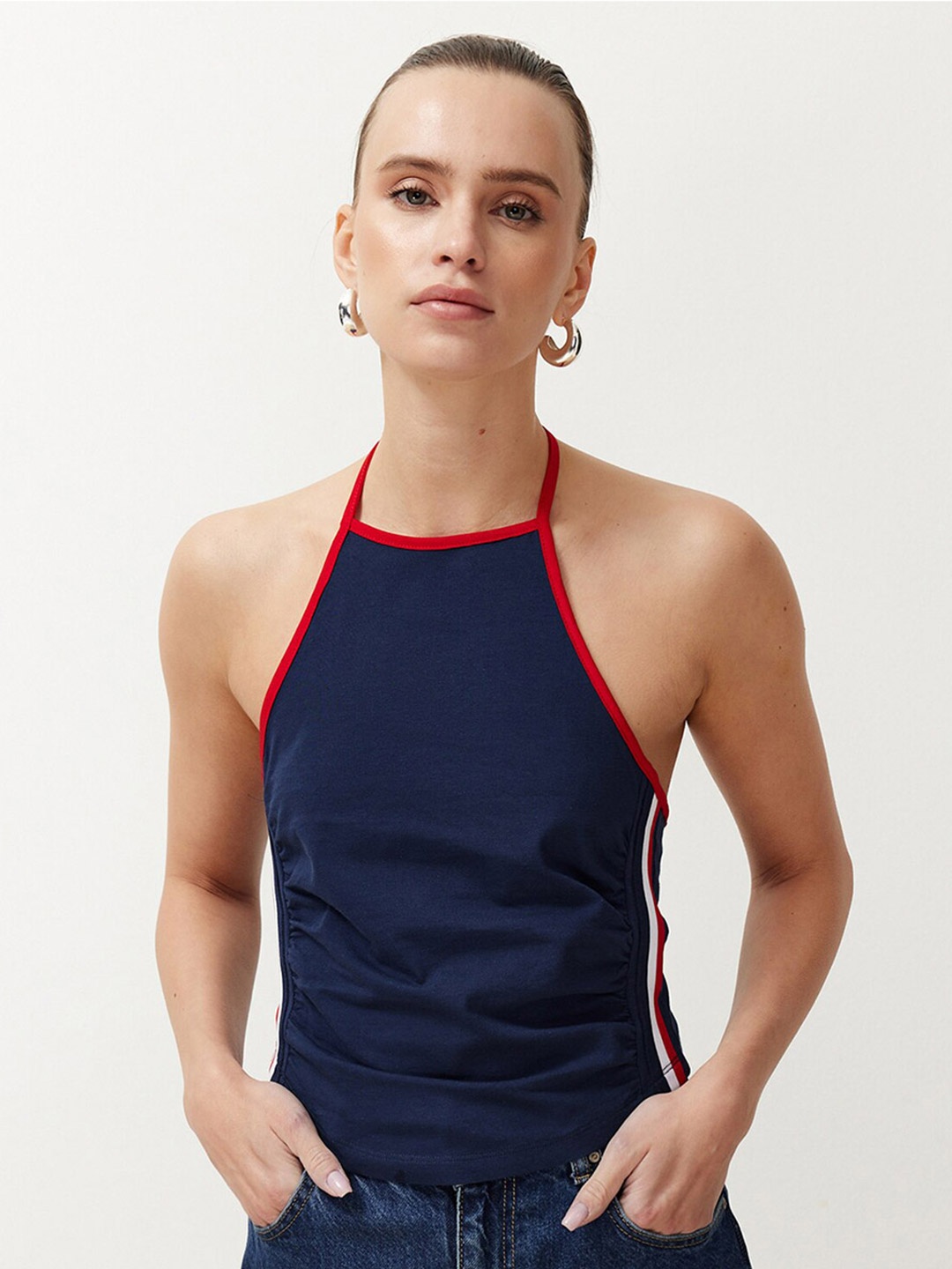 

Trendyol Women Halter Neck Cotton Crop Top, Blue