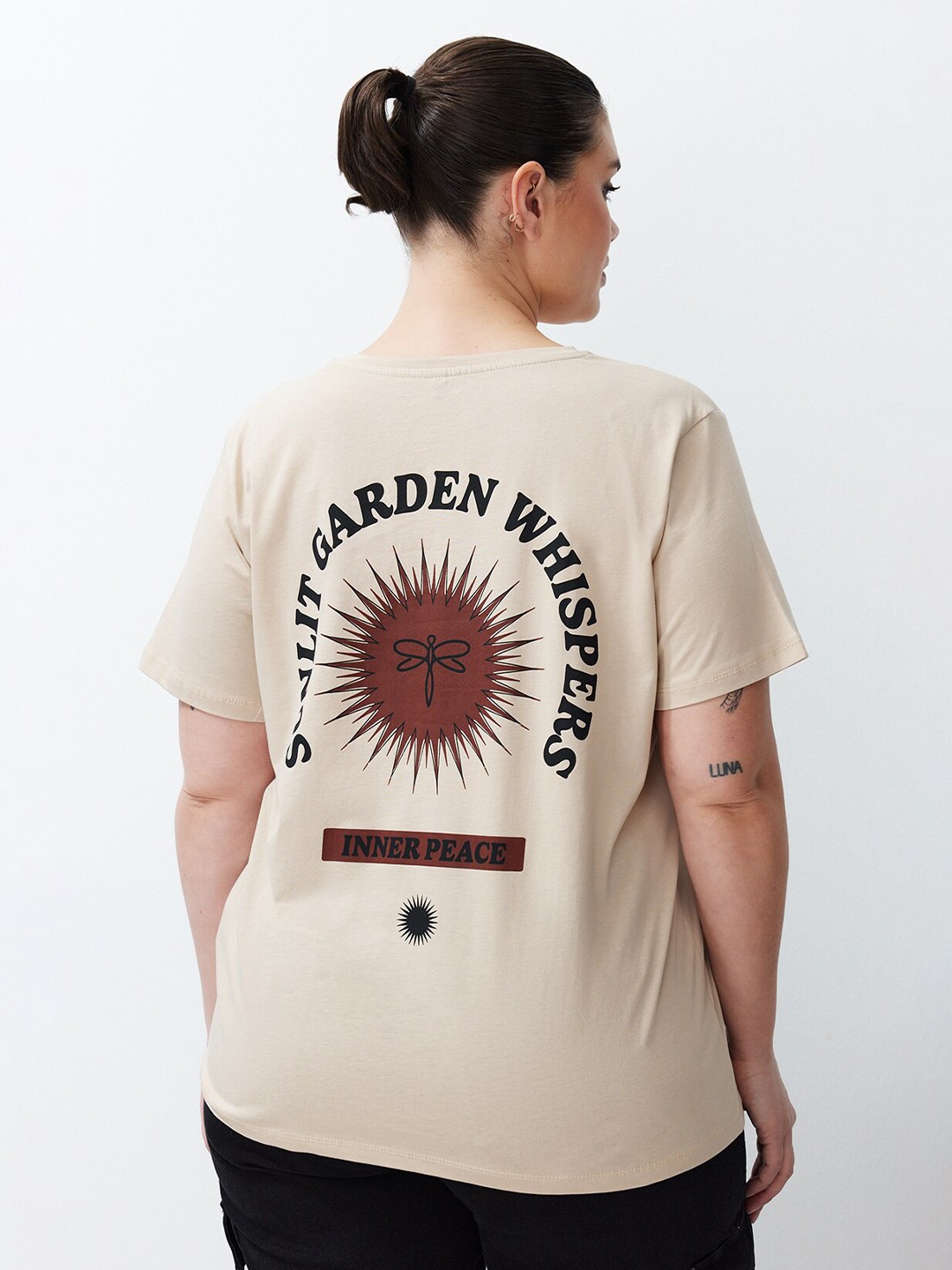 Trendyol Plus Size Typography Printed Pure Cotton T-shirt, Beige