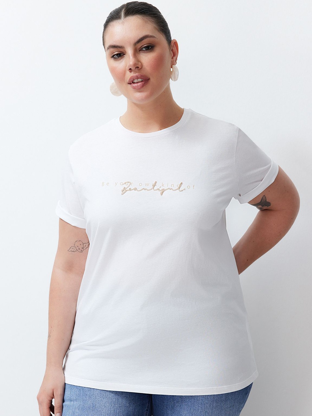 

Trendyol Plus Size Typography Printed pure Cotton T-shirt, White