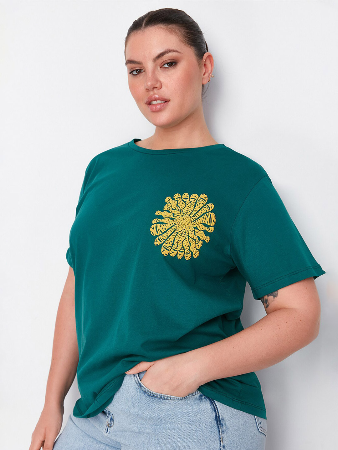 

Trendyol Plus Size Typography Printed Pure Cotton T-shirt, Green