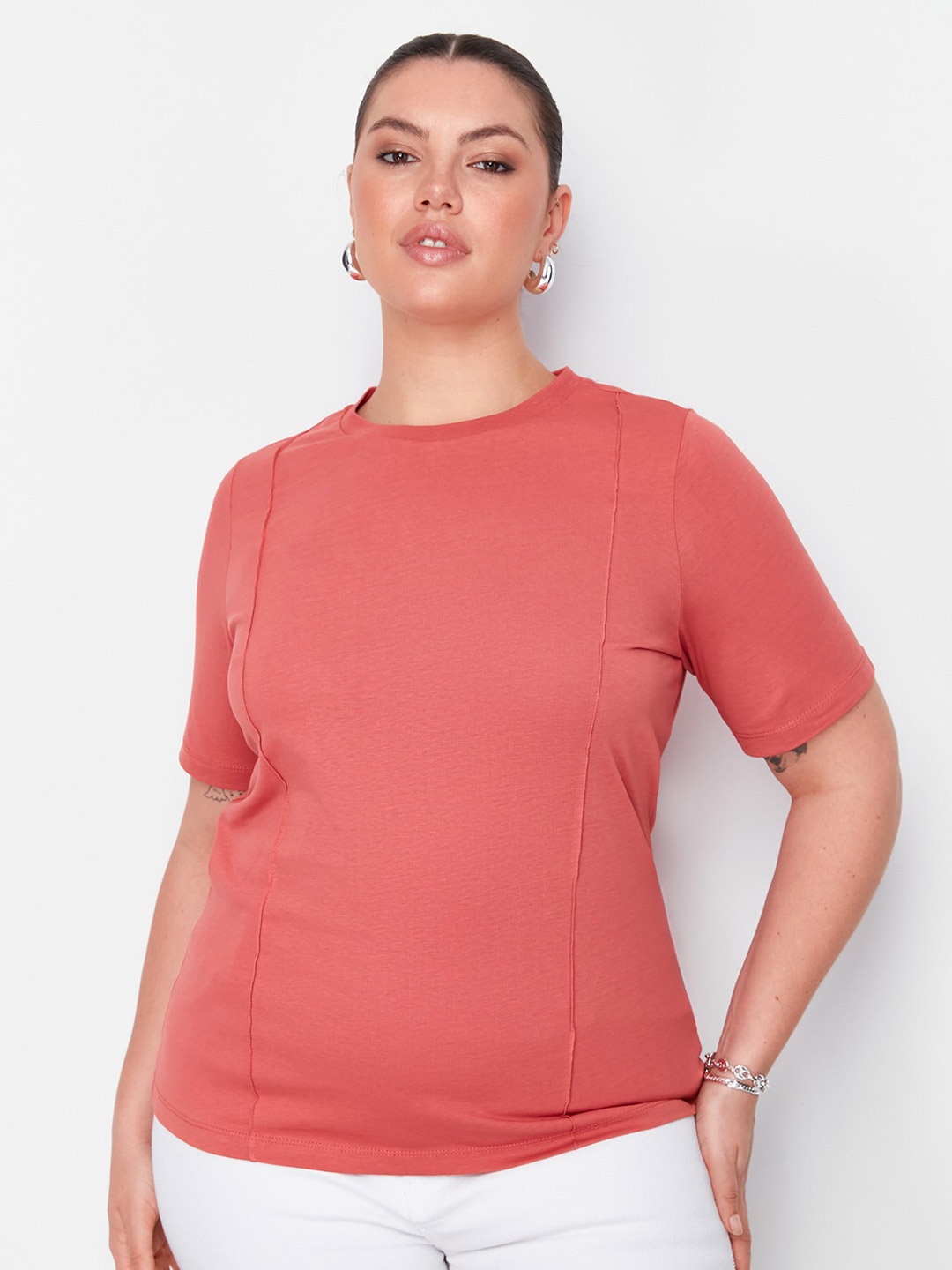 

Trendyol Women Cotton Solid T-shirt, Peach