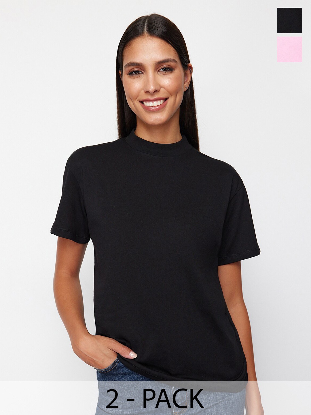 

Trendyol Pack Of 2 Round Neck Pure Cotton T-shirts, Black