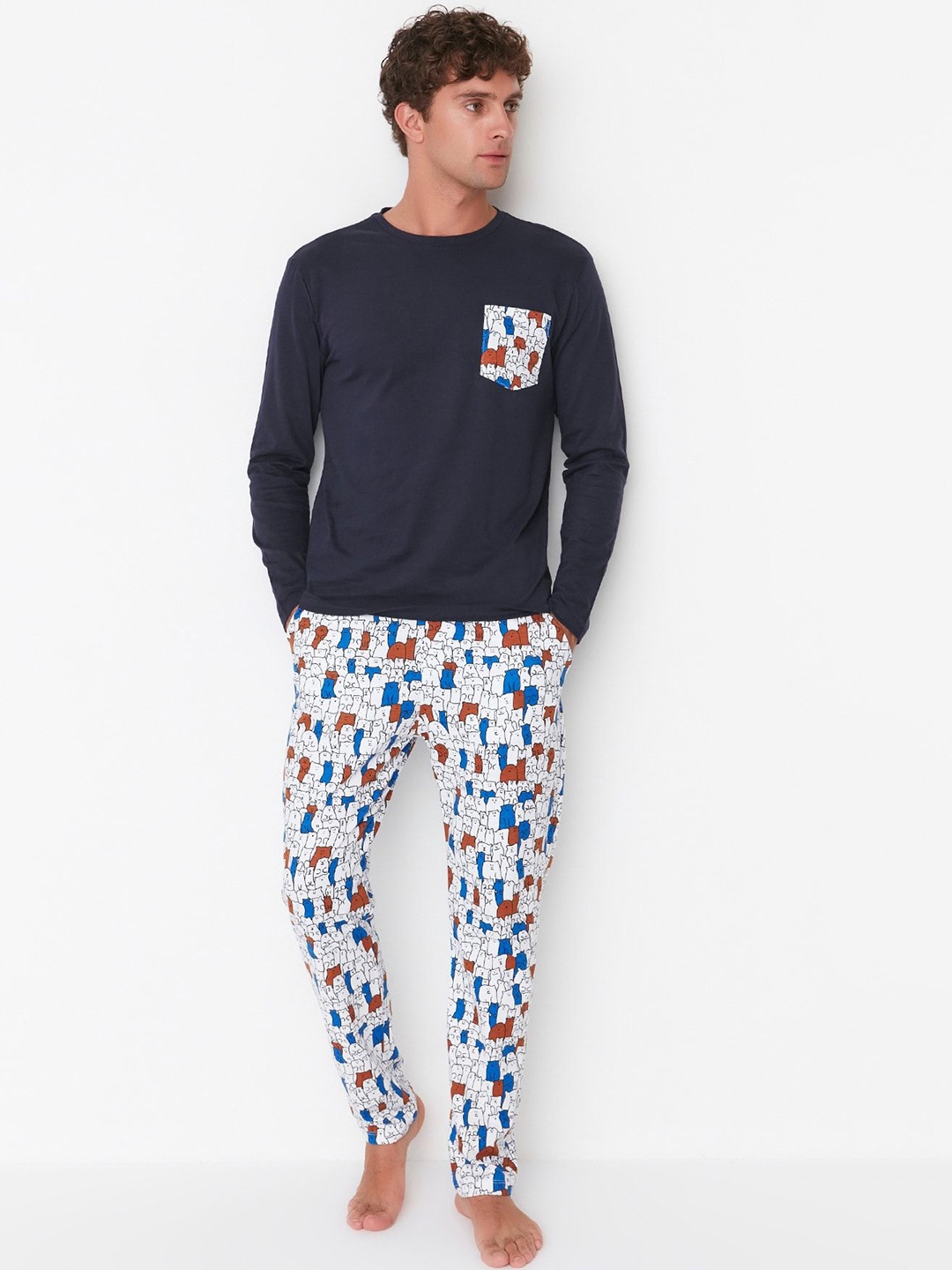 

Trendyol Men Printed Pure Cotton Night suit, Navy blue