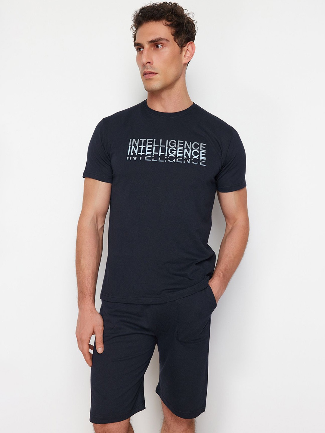 

Trendyol Men Printed Night suit, Navy blue