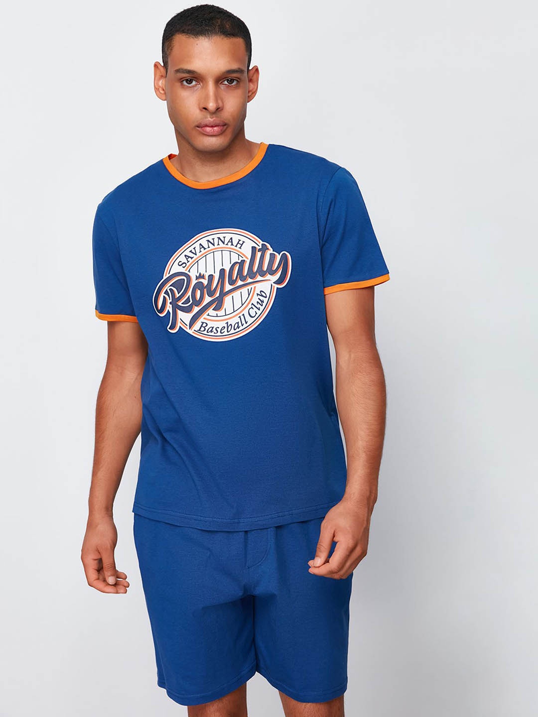 

Trendyol Typography Printed Round Neck Pure Cotton Night Suit, Blue