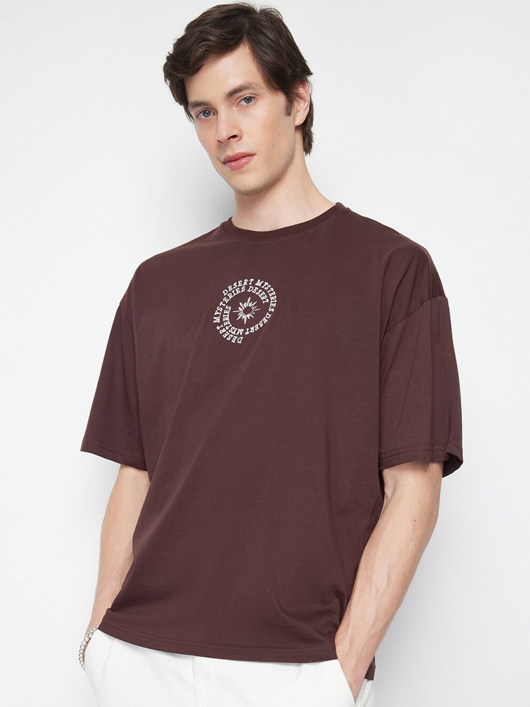 

Trendyol Round Neck Typography Printed Cotton T-shirt, Brown
