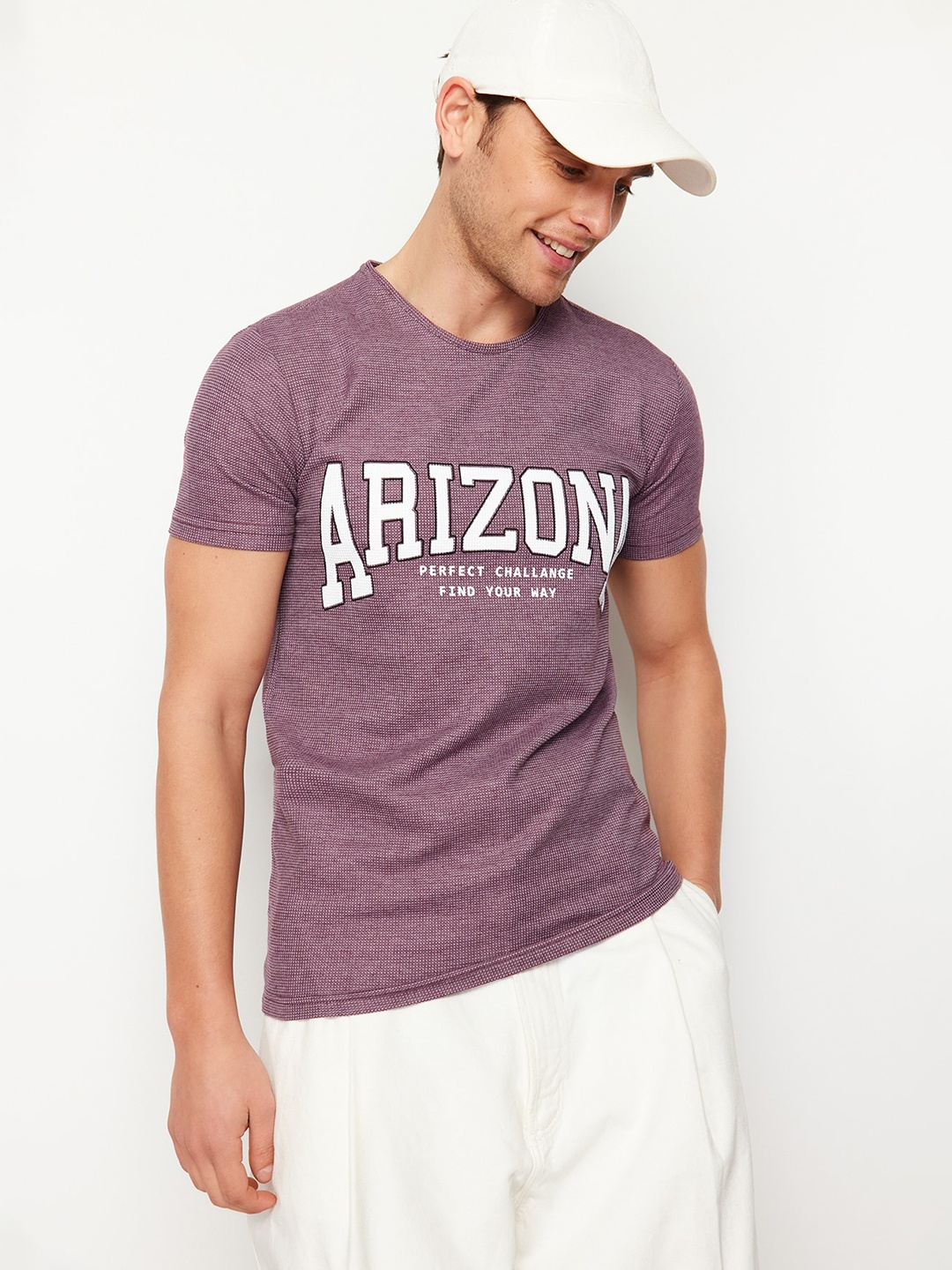 

Trendyol Men Typography Printed Applique T-shirt, Purple