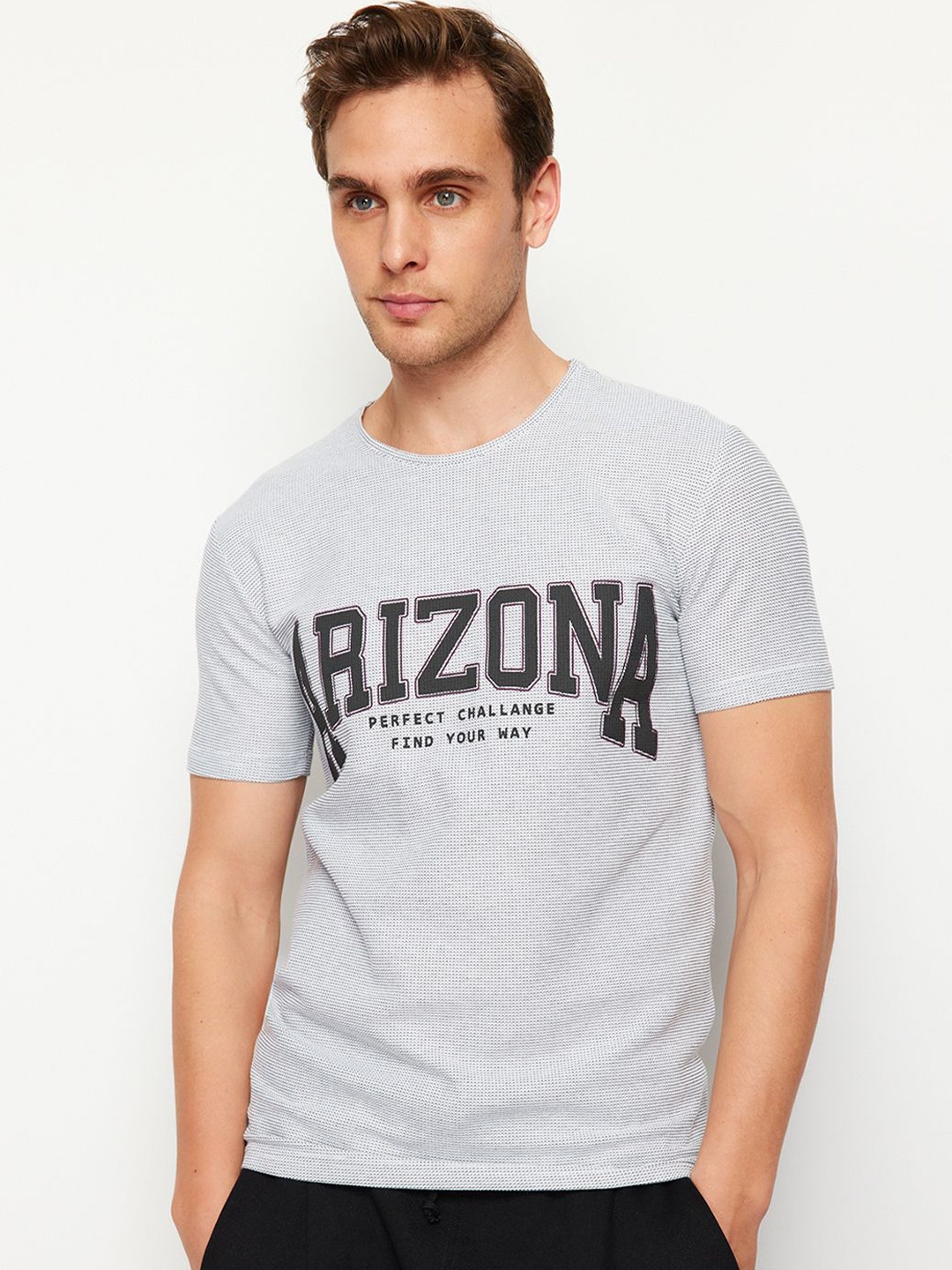 

Trendyol Round Neck Typography Printed Cotton T-shirt, Grey