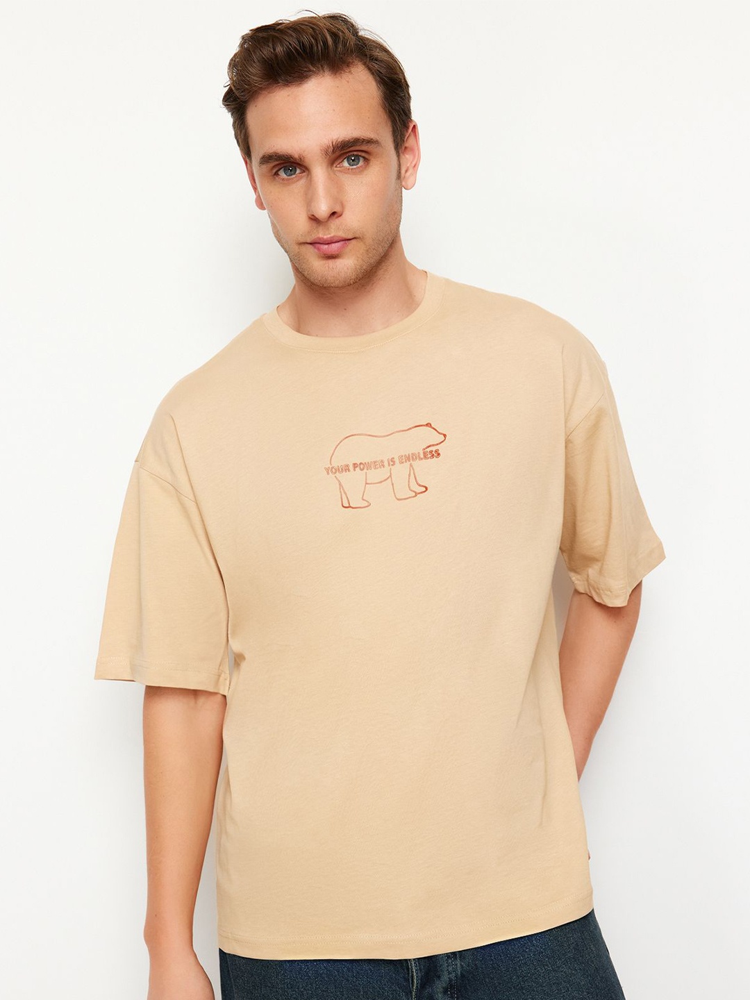 

Trendyol Round Neck Short Sleeves Printed Regular Fit Cotton T-shirt, Beige