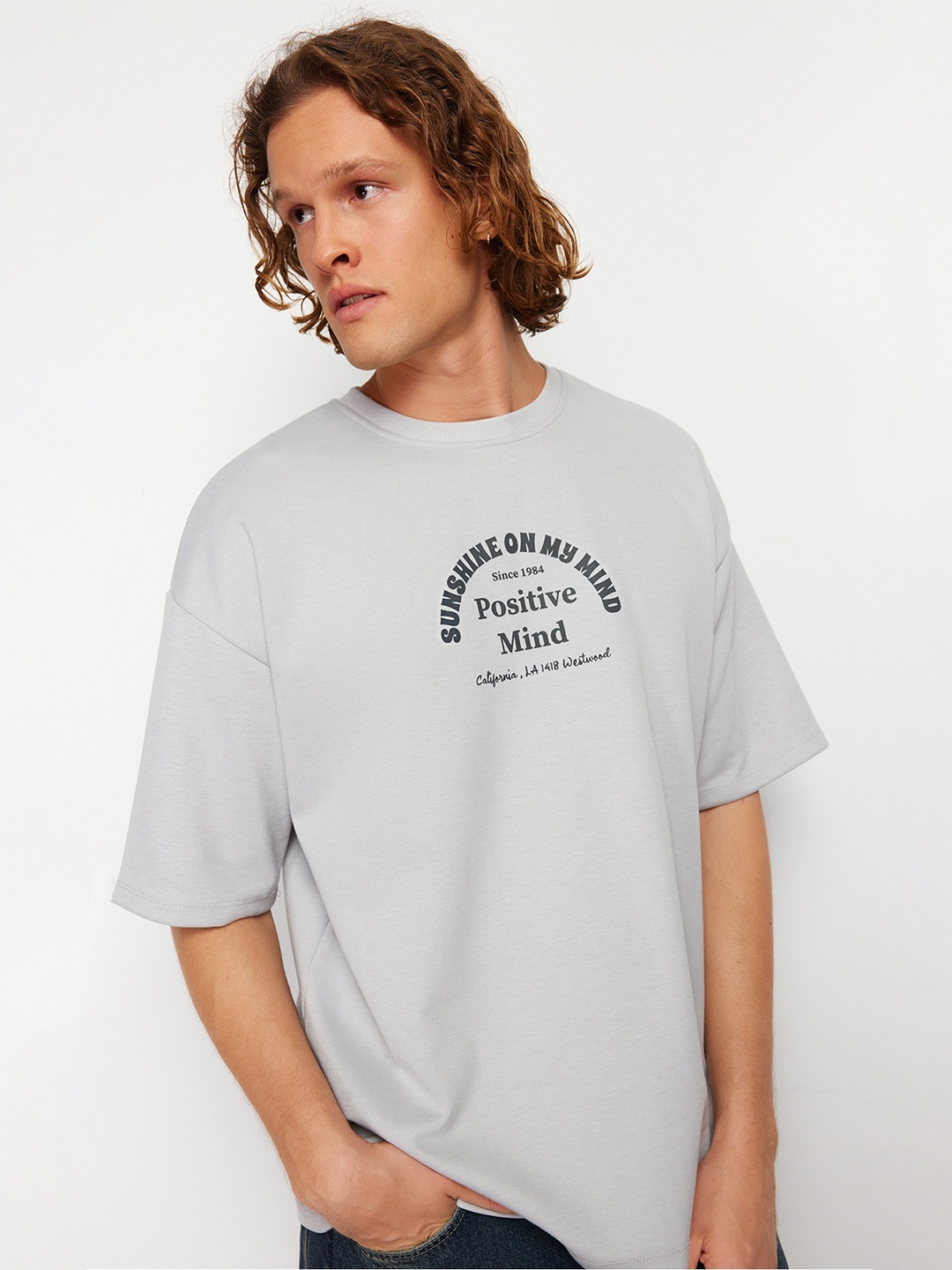

Trendyol Round Neck Typography Printed Regular Fit Cotton T-shirt, Grey