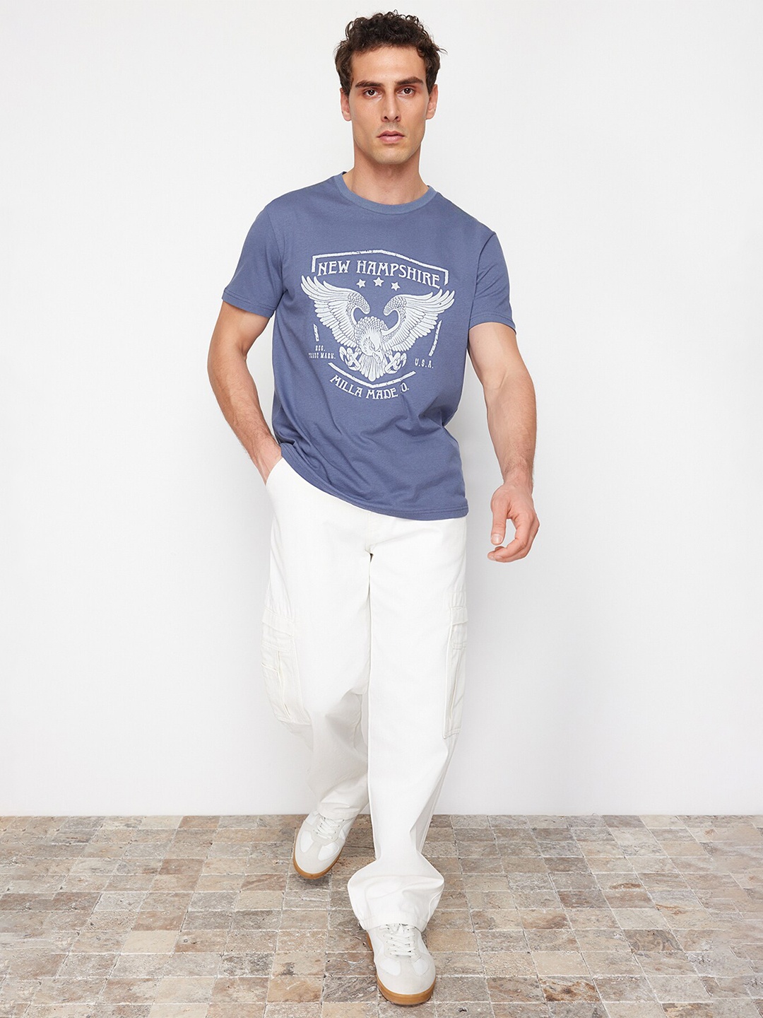 

Trendyol Men Typography Printed Applique T-shirt, Blue