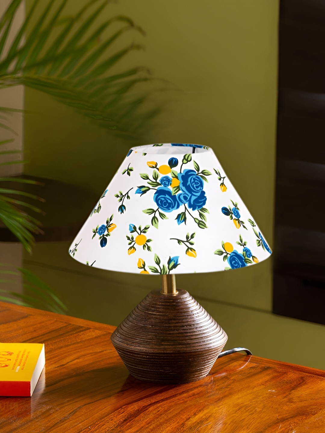 Devansh White & Blue Printed Wooden Traditional Frustum Shaped Table Lamp