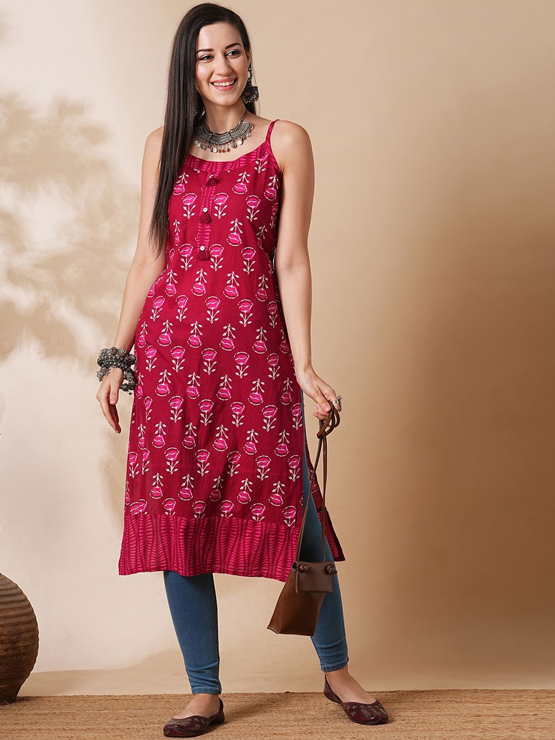 

Globus Floral Block Print Strappy Shoulder Calf Length Fusion A-Line Kurta, Pink