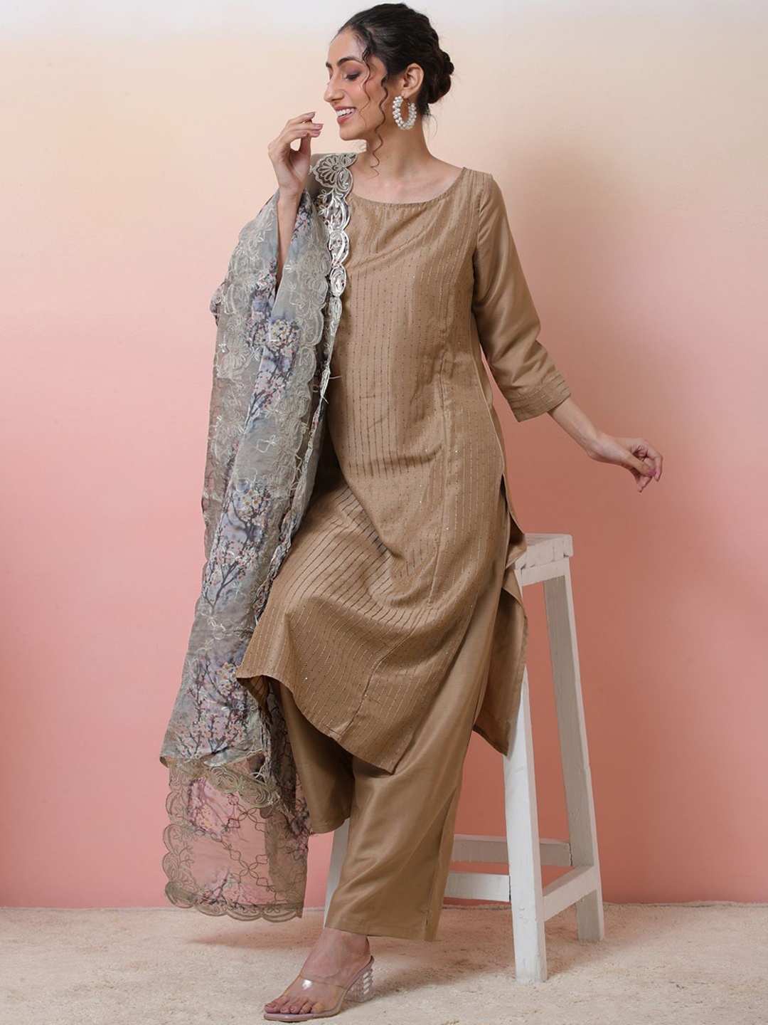 

Sangria Striped Embroidered Boat Neck Sequinned Straight Kurta With Palazzo & Dupatta, Beige