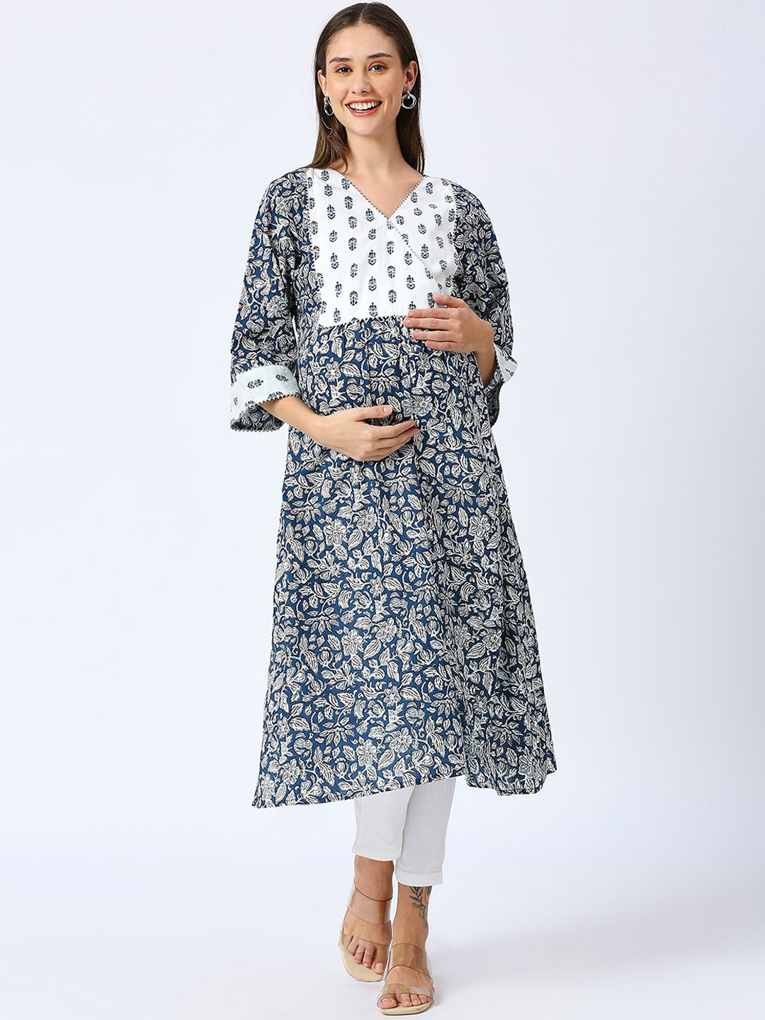 

Mom For Sure by Ketki Dalal Women Yoke Design Cotton Maternity A-Line Kurta, White