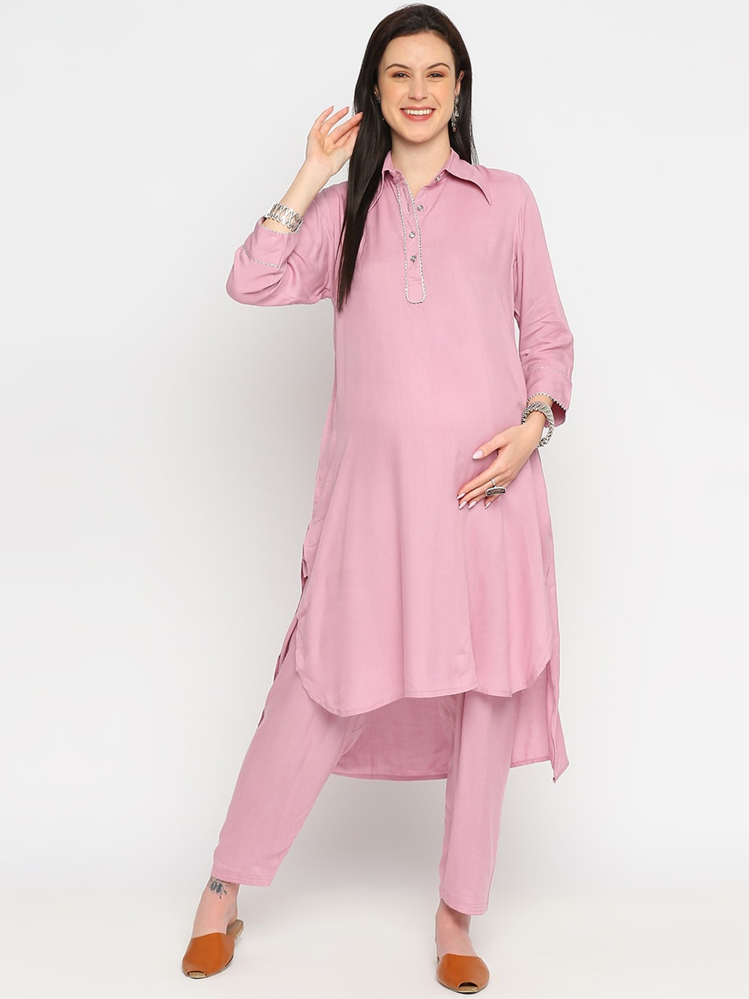 Mom For Sure by Ketki Dalal Women Shirt Collar Maternity Pathani Kurta, Mauve