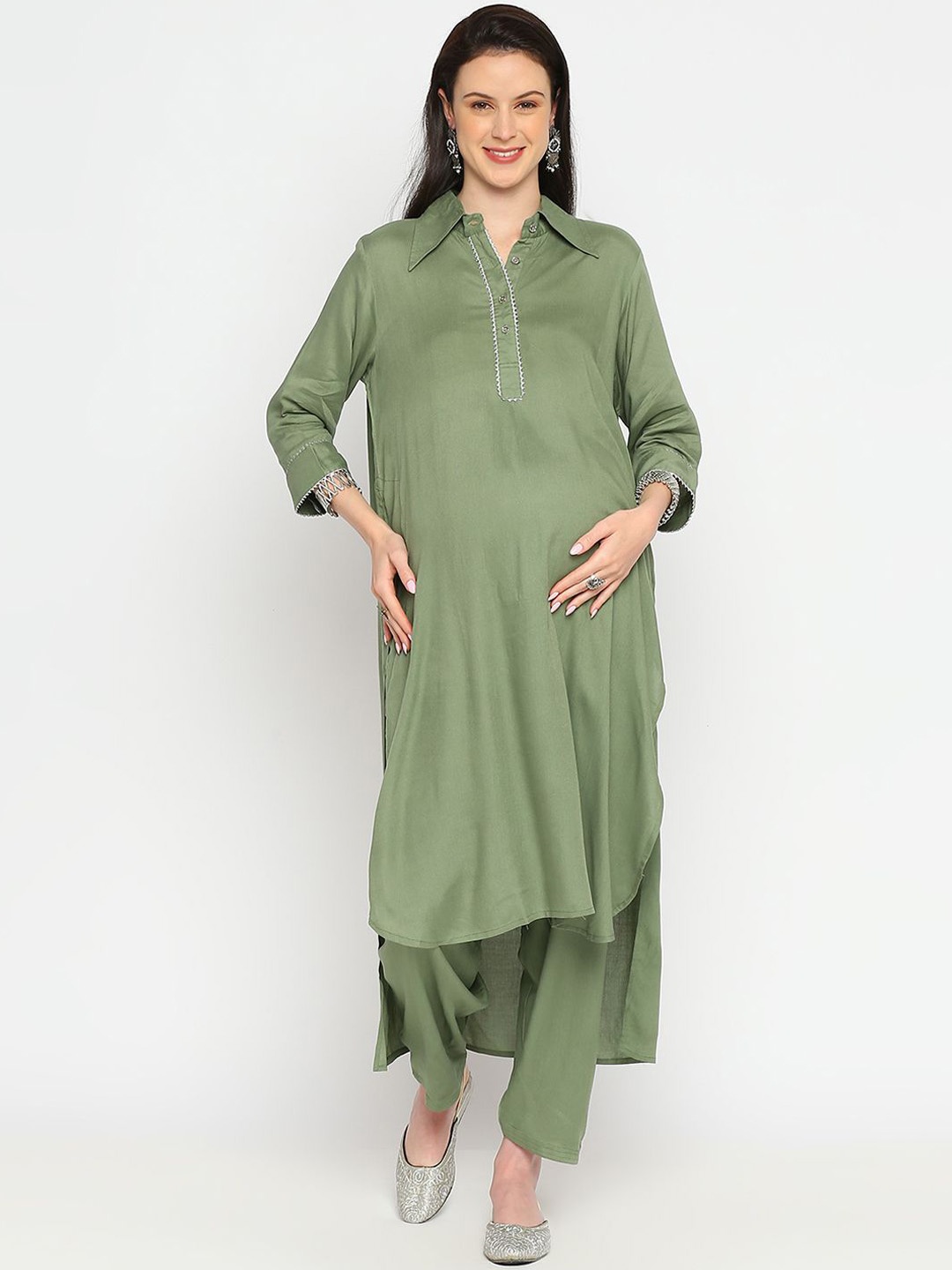 

Mom For Sure by Ketki Dalal Women Shirt Collar Maternity Pathani Kurta, Olive
