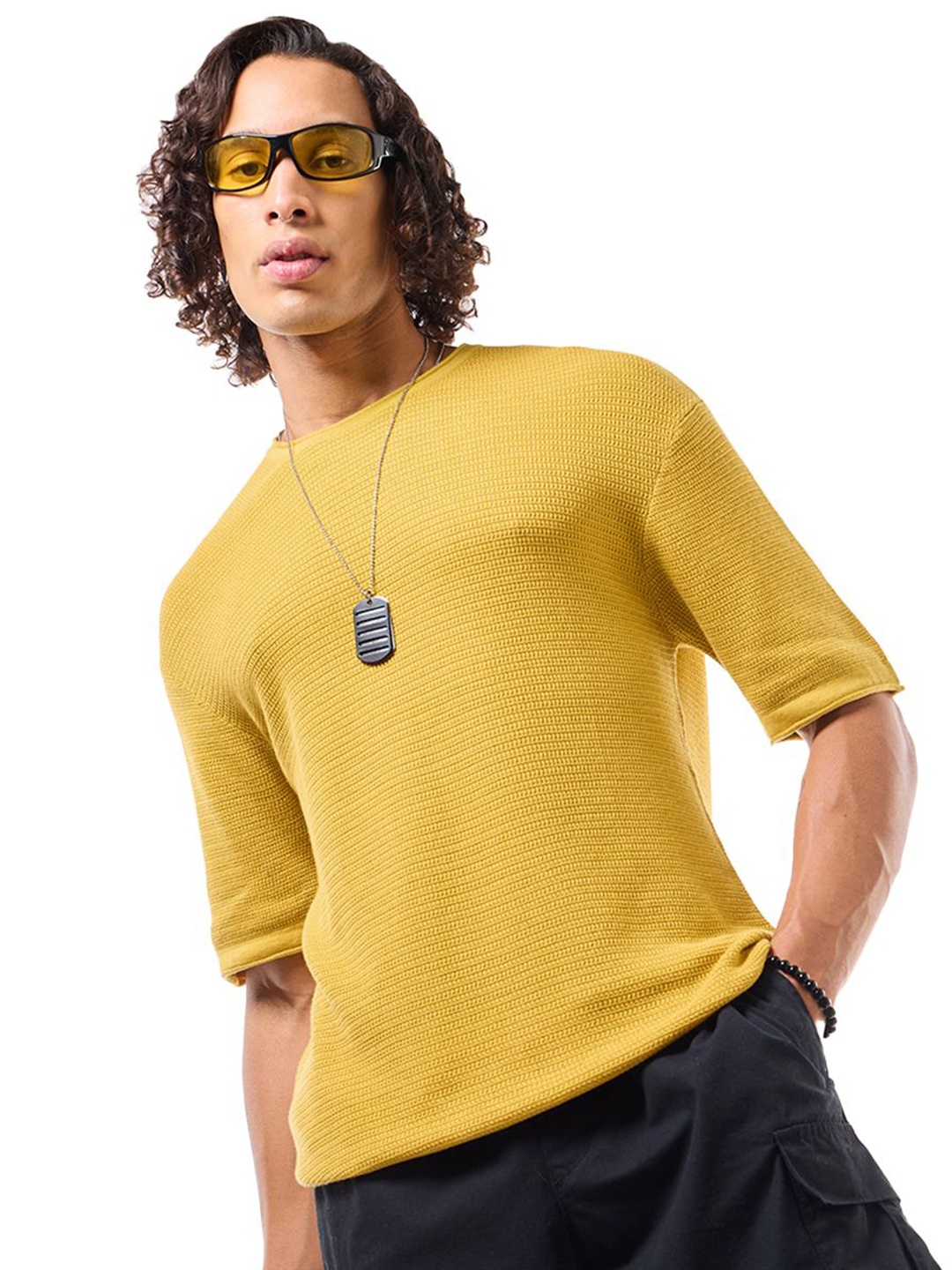 

Bewakoof Men Textured Oversized Flatknit T-shirt, Yellow