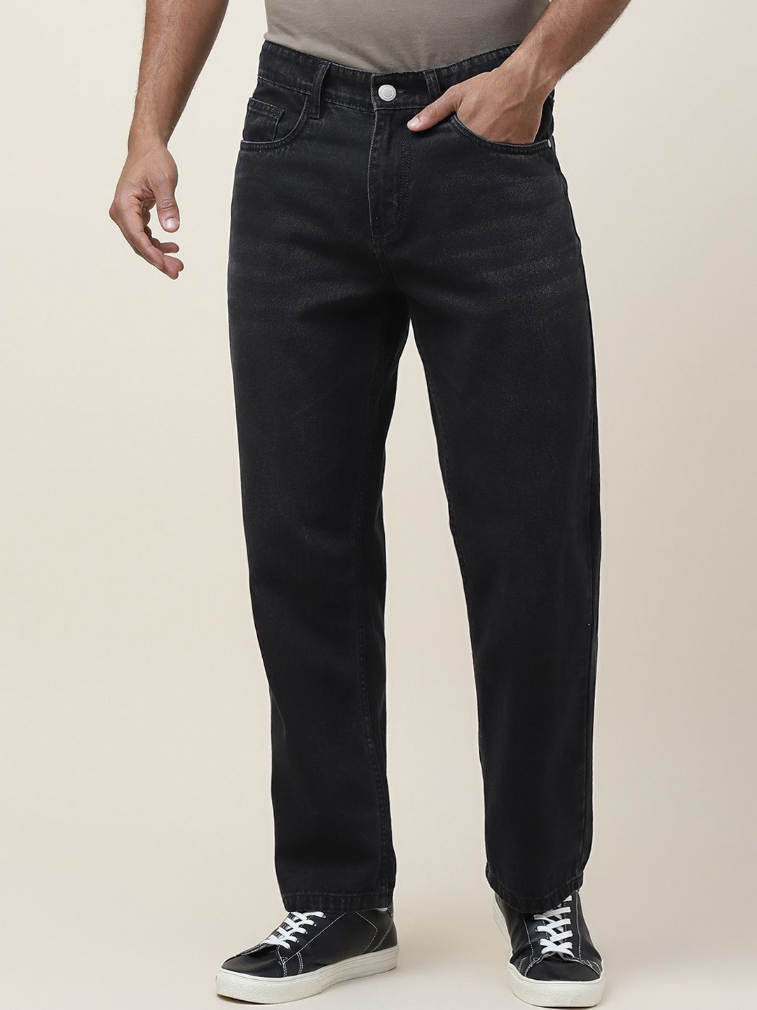 

Mast & Harbour Men Jean Straight Fit Clean Look Cotton Jeans, Black