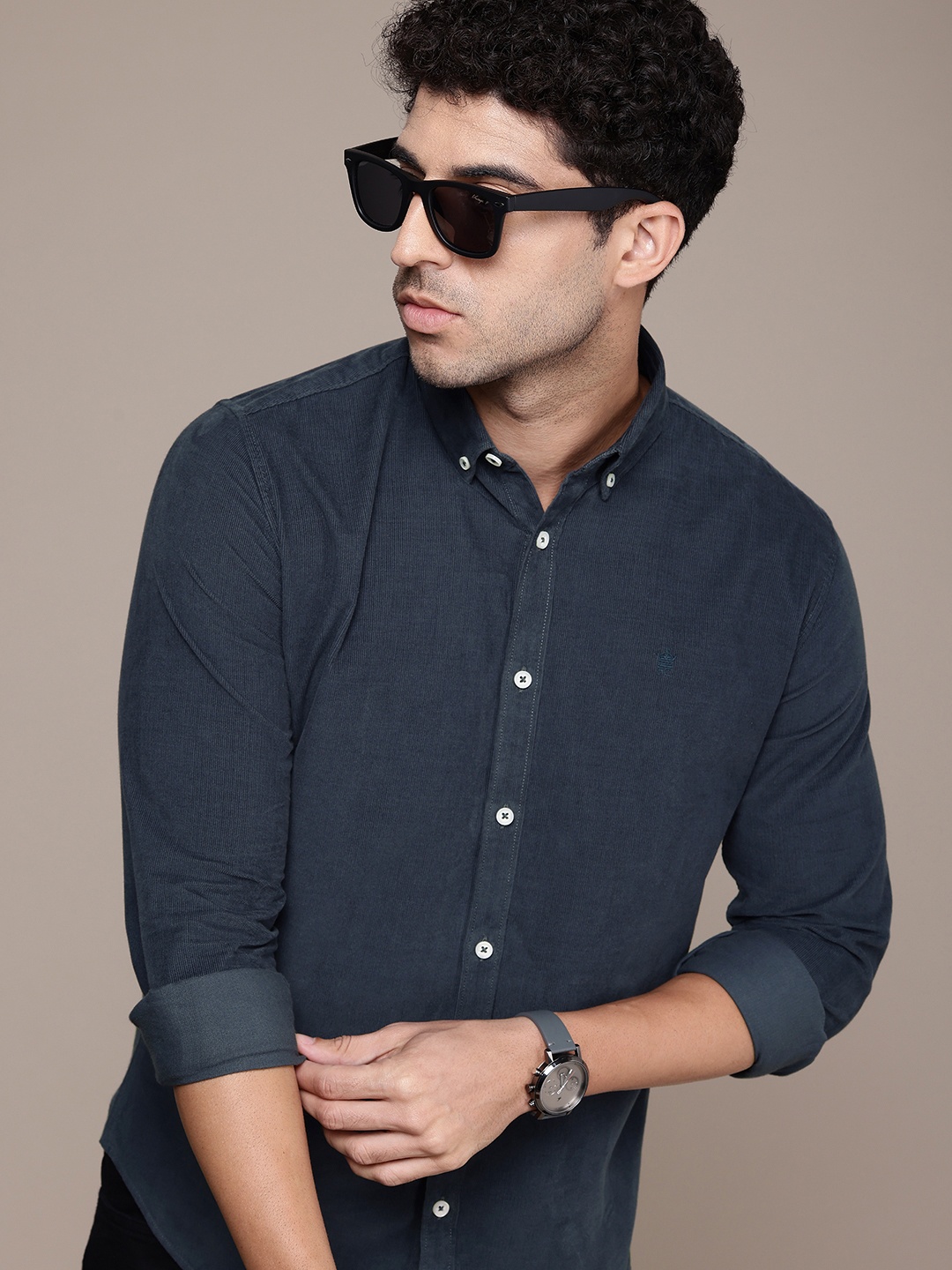 

French Connection Pure Cotton Corduroy Slim Fit Casual Shirt, Navy blue