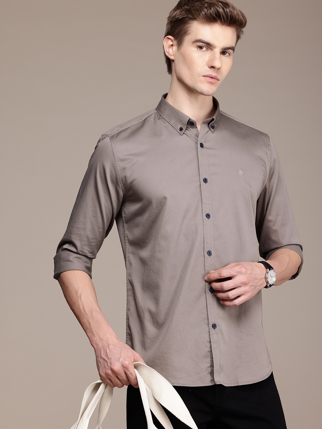 

French Connection Slim Fit Button-Down Collar Pure Cotton Casual Shirt, Taupe