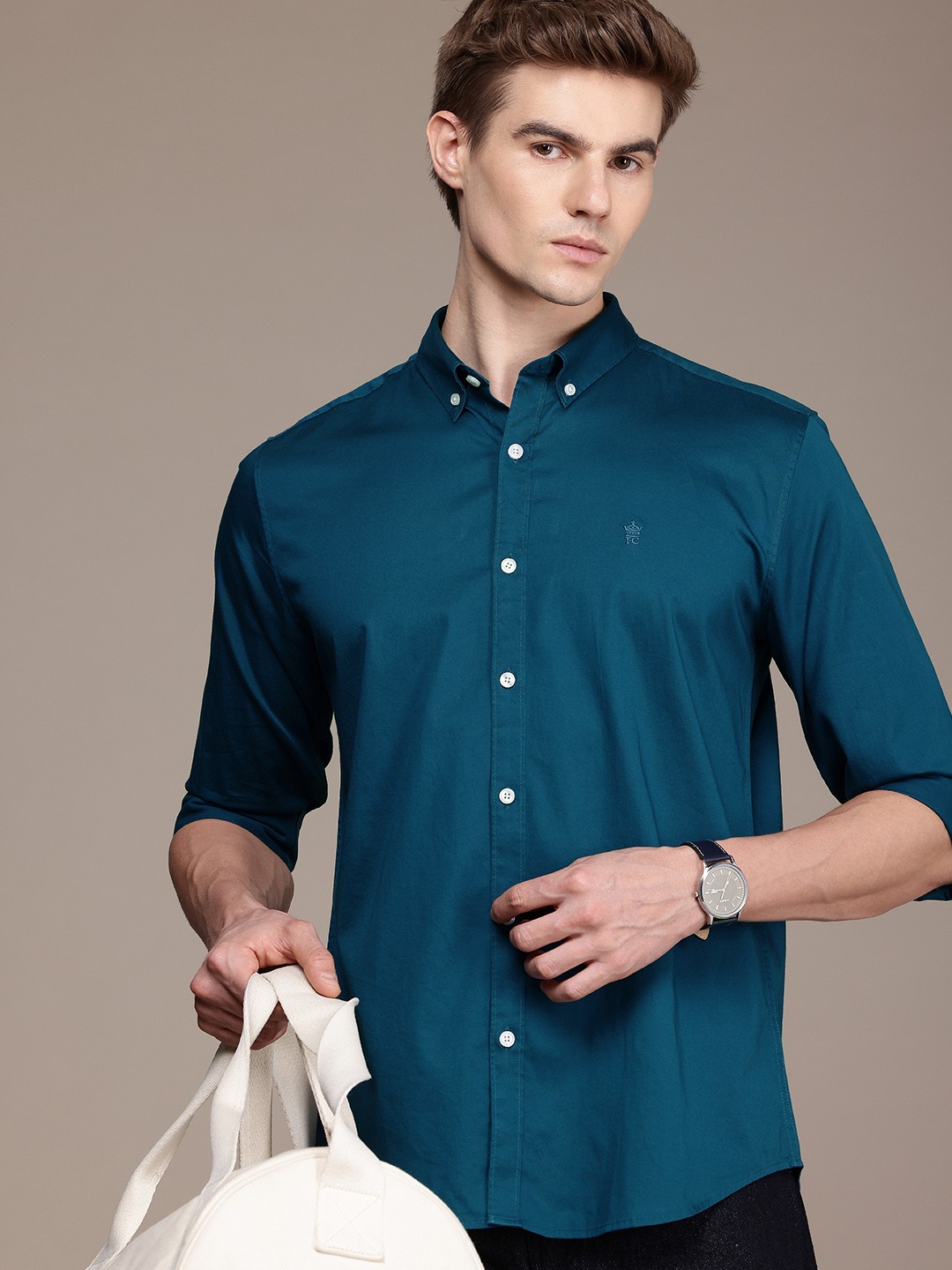

French Connection Slim Fit Button-Down Collar Pure Cotton Casual Shirt, Teal
