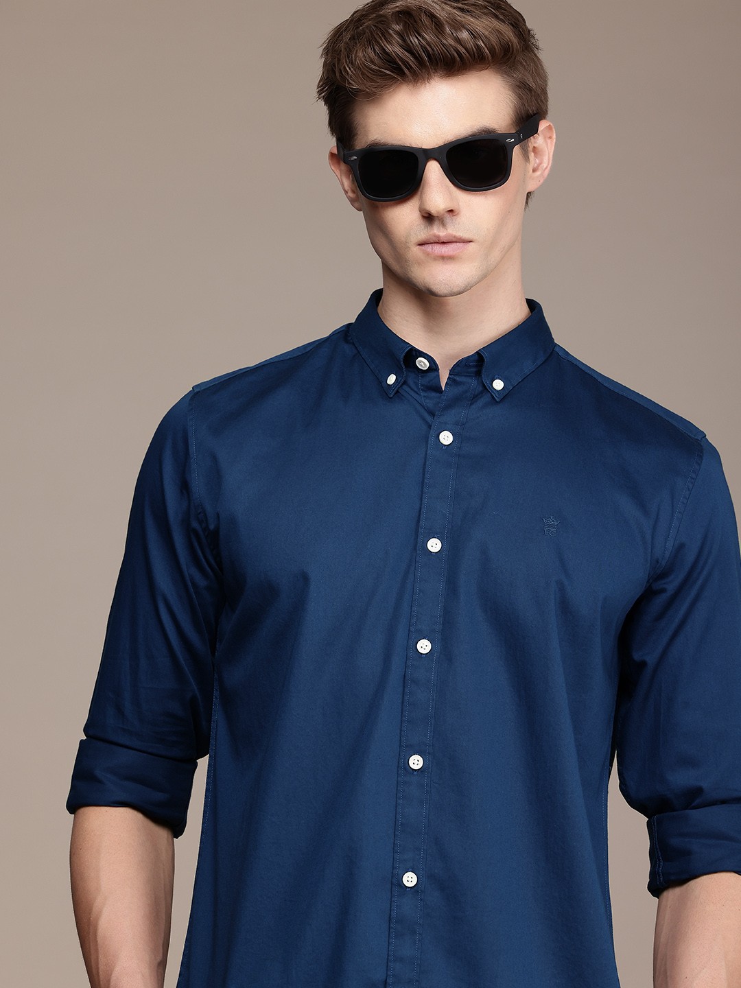 French Connection Slim Fit Button-Down Collar Pure Cotton Casual Shirt, Navy blue