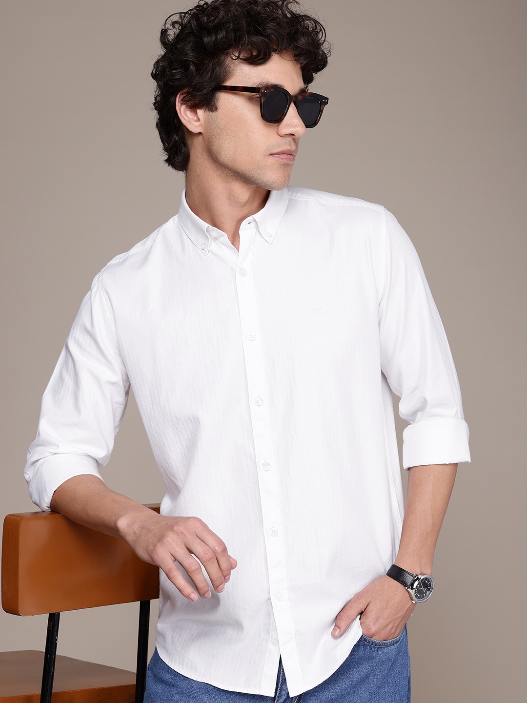 

French Connection Slim Fit Self Striped Button-Down Collar Pure Cotton Casual Shirt, White