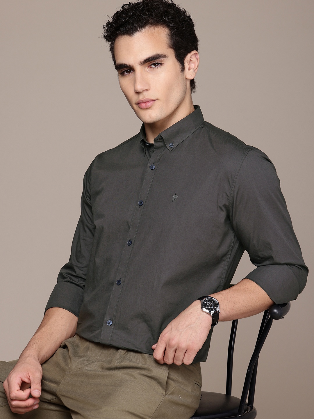 

French Connection Pure Cotton Slim Fit Button-Down Collar Casual Shirt, Charcoal