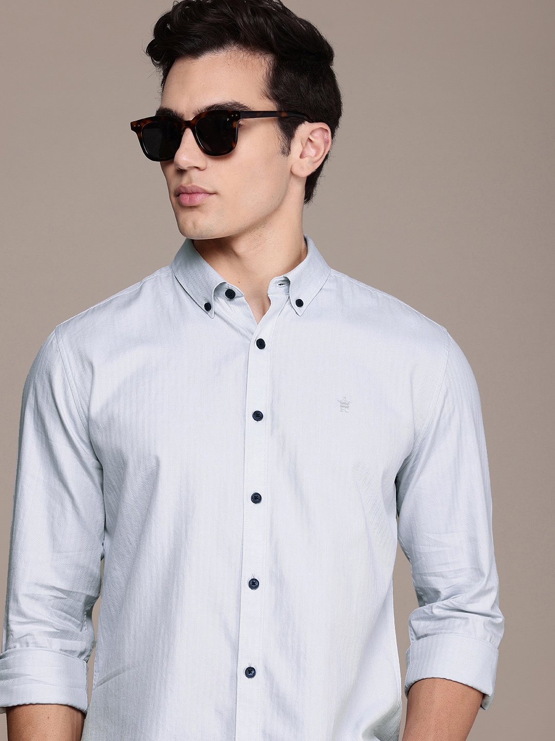 

French Connection Pure Cotton Self Design Slim Fit Opaque Casual Shirt, Grey
