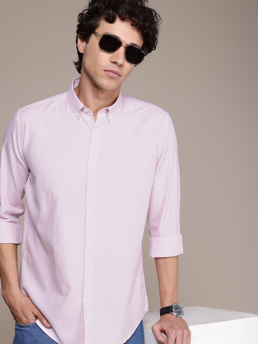 

French Connection Pure Cotton Self Design Slim Fit Opaque Casual Shirt, Pink