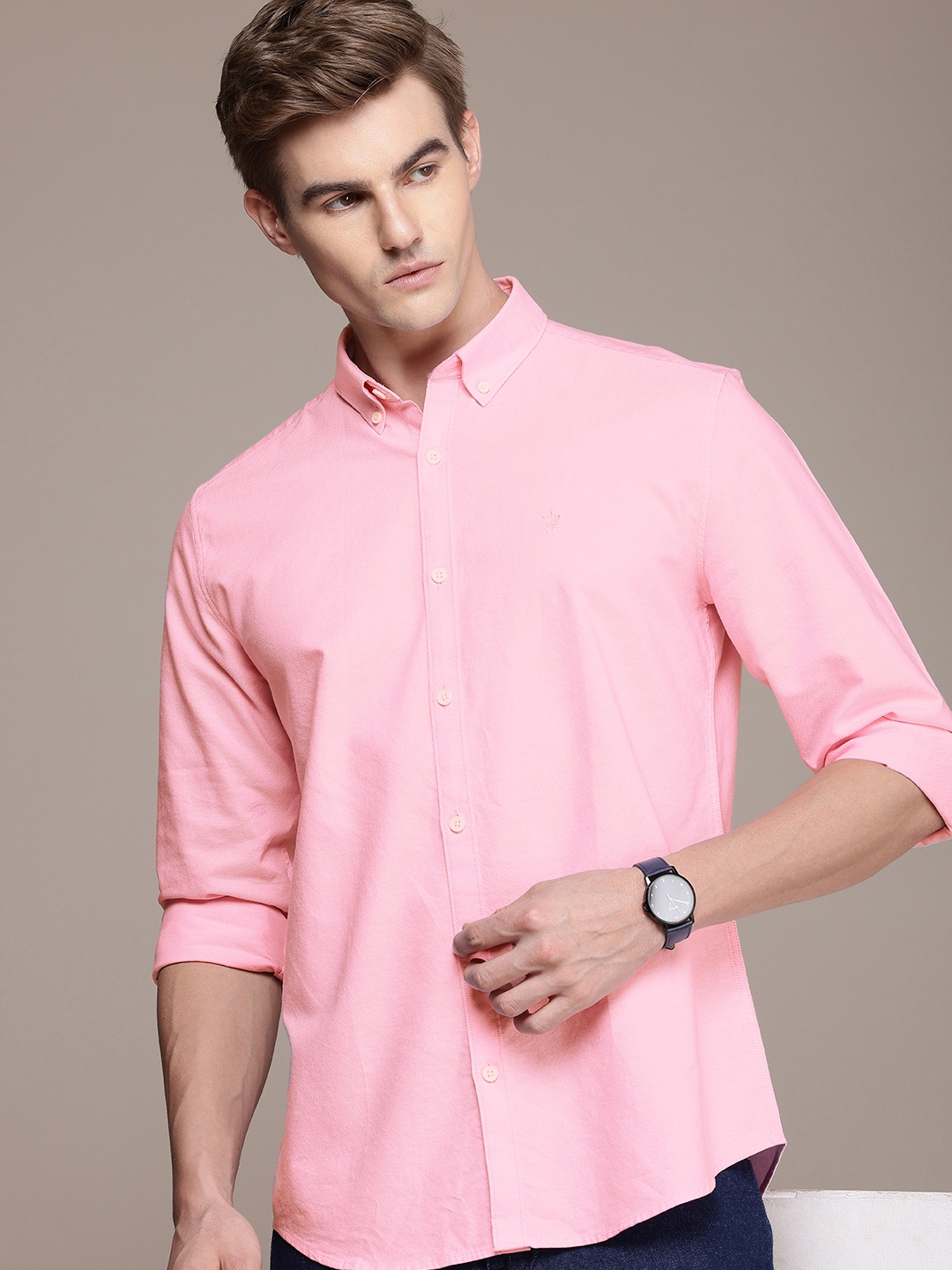 

French Connection Slim Fit Button-Down Collar Pure Cotton Casual Shirt, Pink