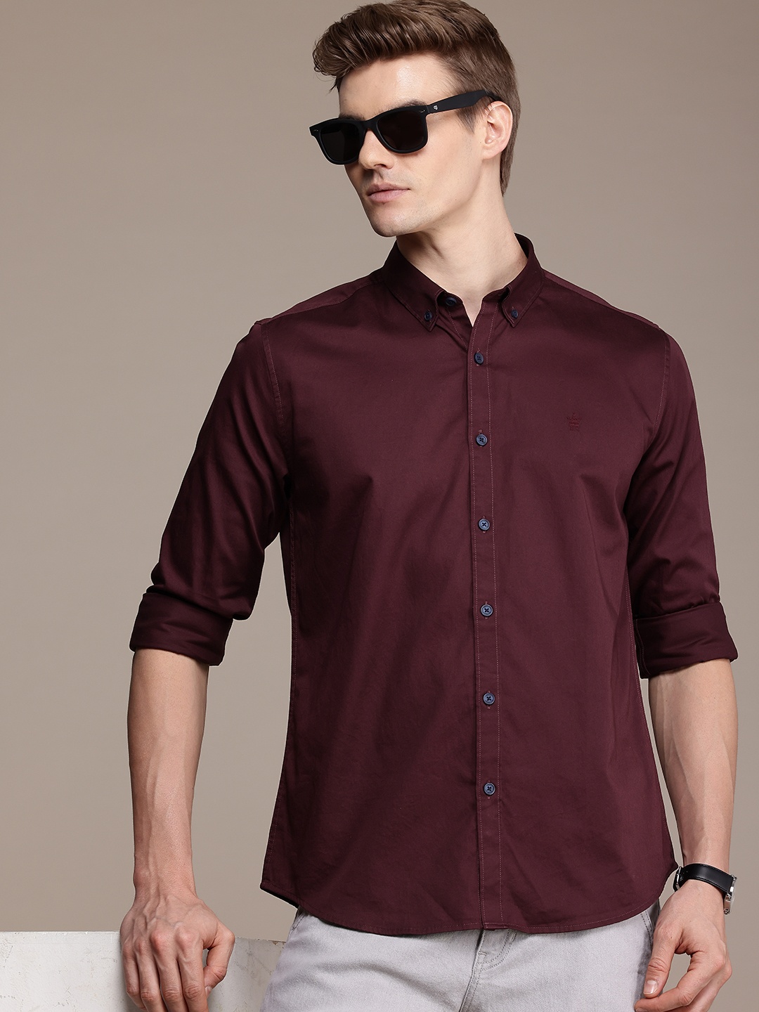 

French Connection Slim Fit Button-Down Collar Pure Cotton Casual Shirt, Burgundy