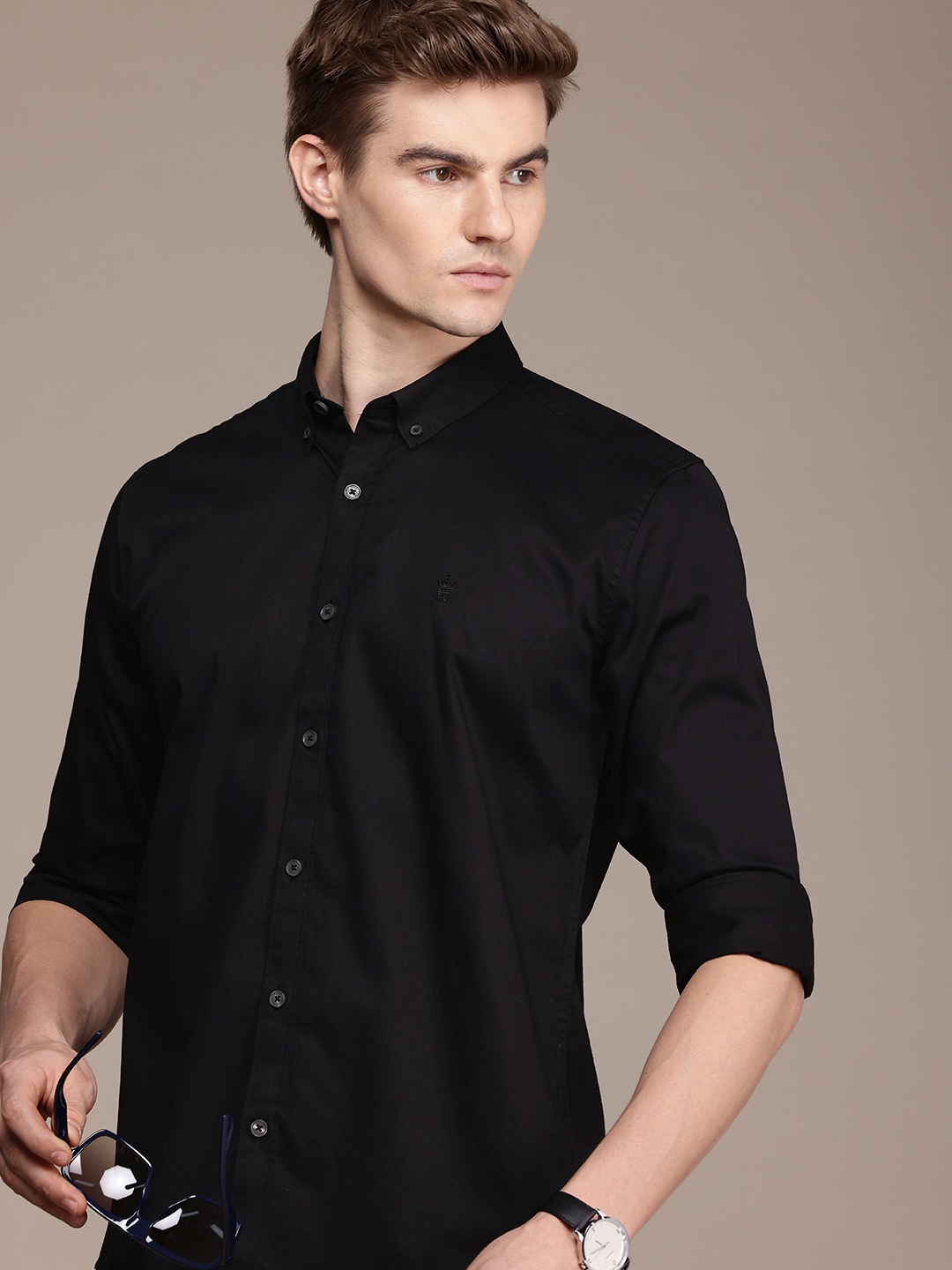 

French Connection Slim Fit Button-Down Collar Pure Cotton Casual Shirt, Black