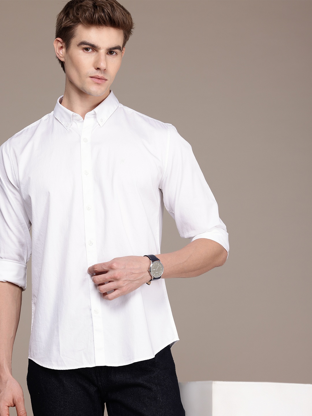 

French Connection Slim Fit Button-Down Collar Pure Cotton Casual Shirt, White