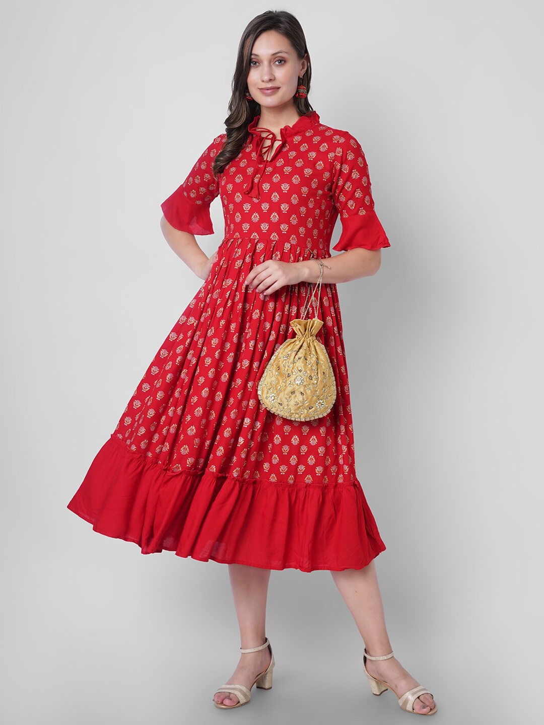 

VASANT APPAREL Ethnic Motifs Print Keyhole Neck Fit & Flare Midi Dress, Red