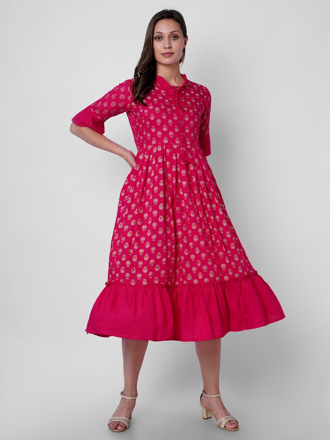 

VASANT APPAREL Ethnic Motifs Print Fit & Flare Midi Dress, Pink