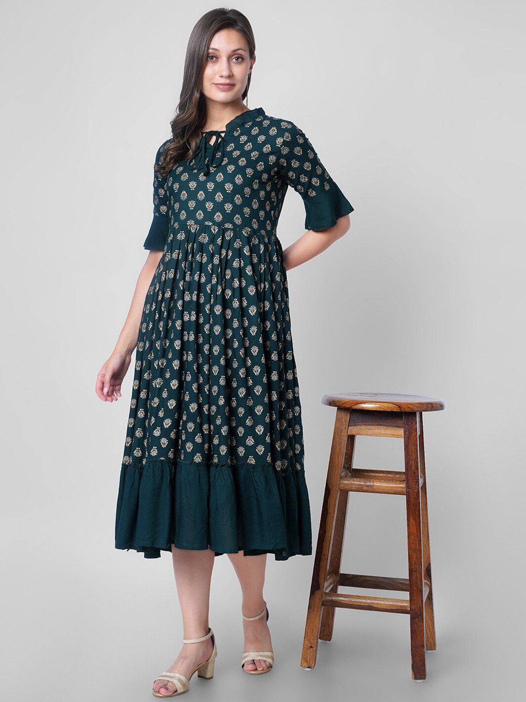 

VASANT APPAREL Ethnic Motifs Print A-Line Midi Dress, Green