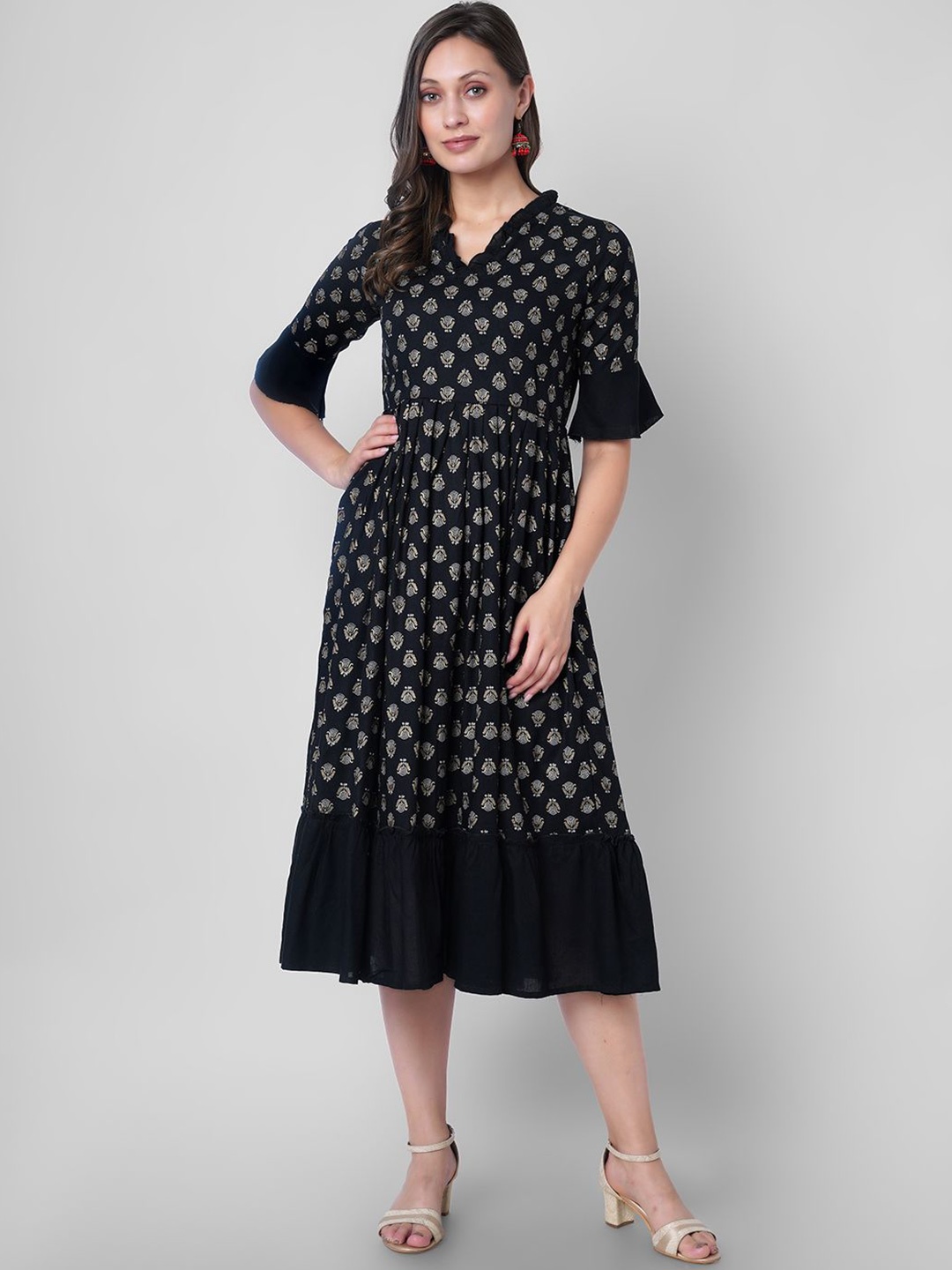 

VASANT APPAREL Ethnic Motifs Printed Bell Sleeves Fit & Flare Midi Dress, Black