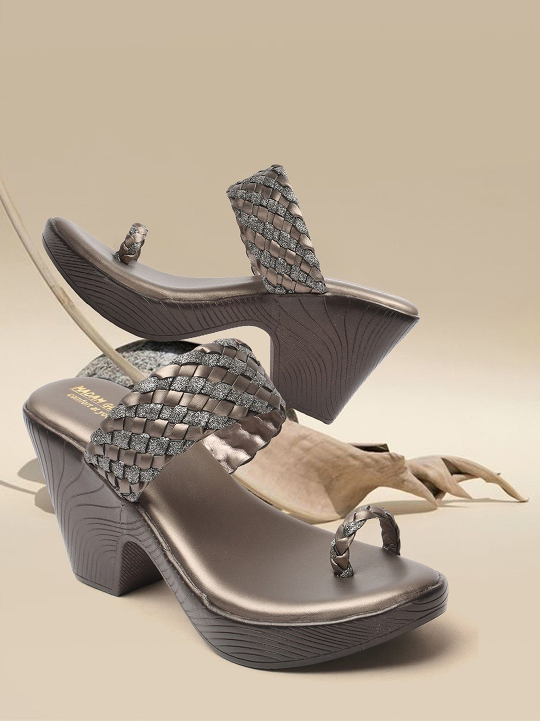 

madam glorious Textured Open Toe Platform Heels, Grey