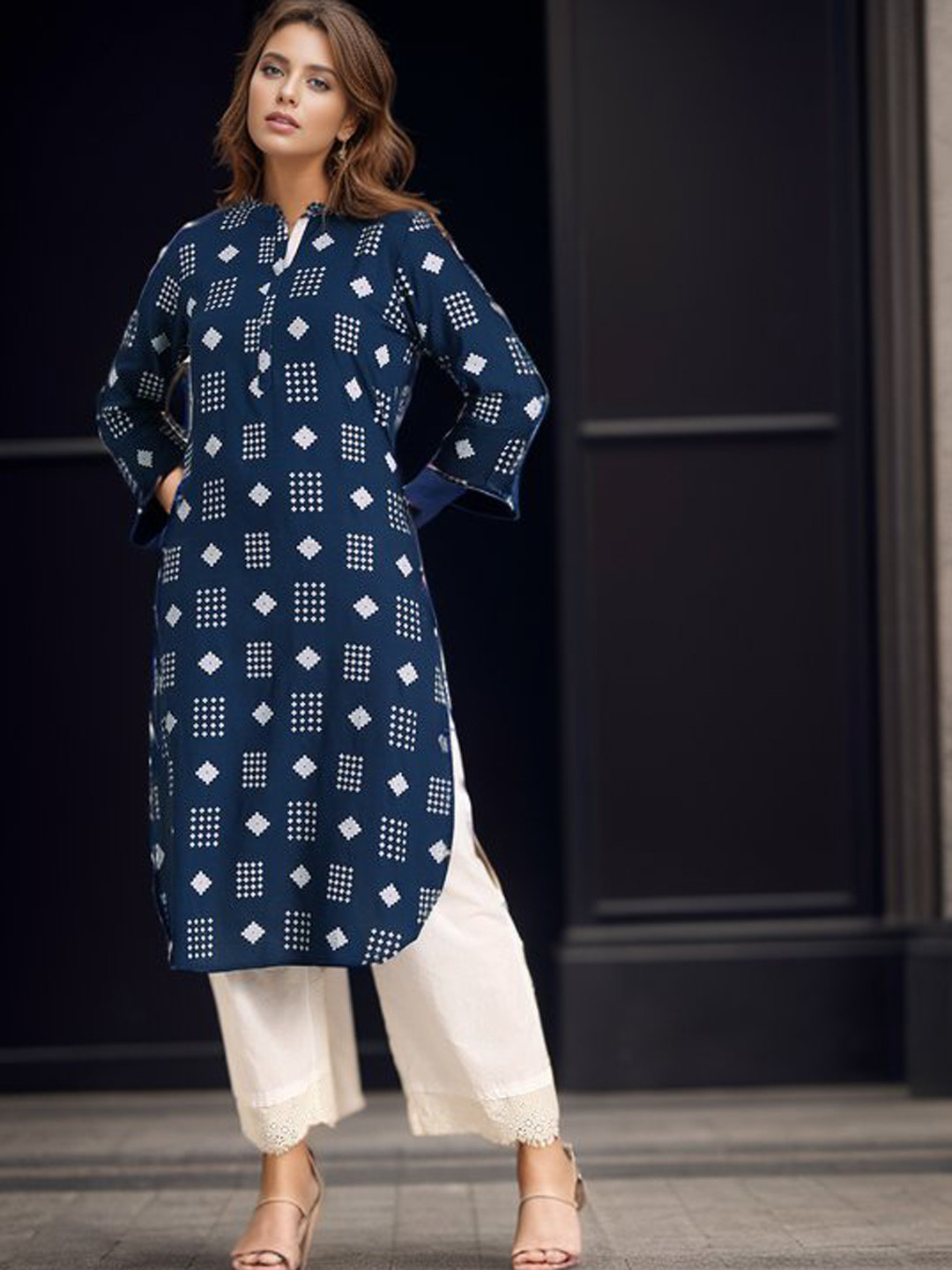 

kipek Geometric Printed Mandarin Collar A-Line Kurta, Navy blue