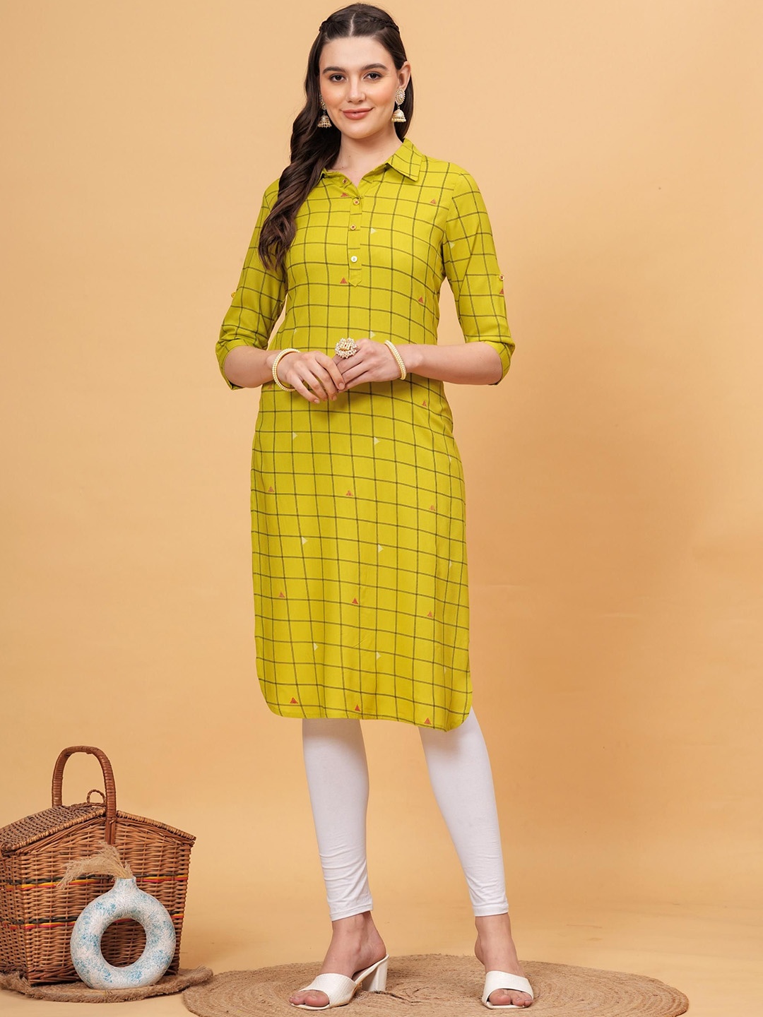 

kipek Checks Printed Shirt Collar Kurta, Green