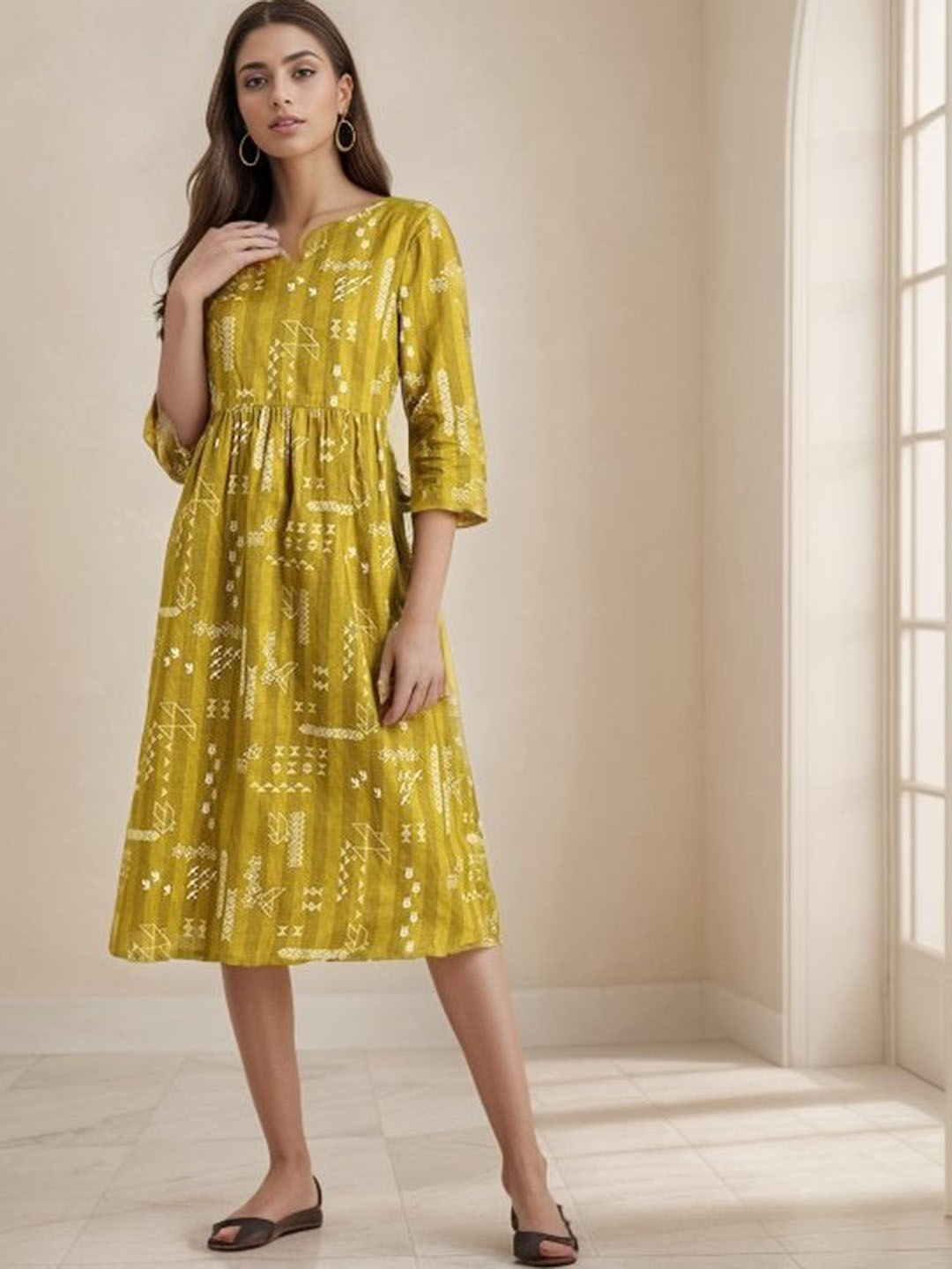 

kipek Abstract Printed Notch Neck Pleated Cotton A-Line Kurta, Olive