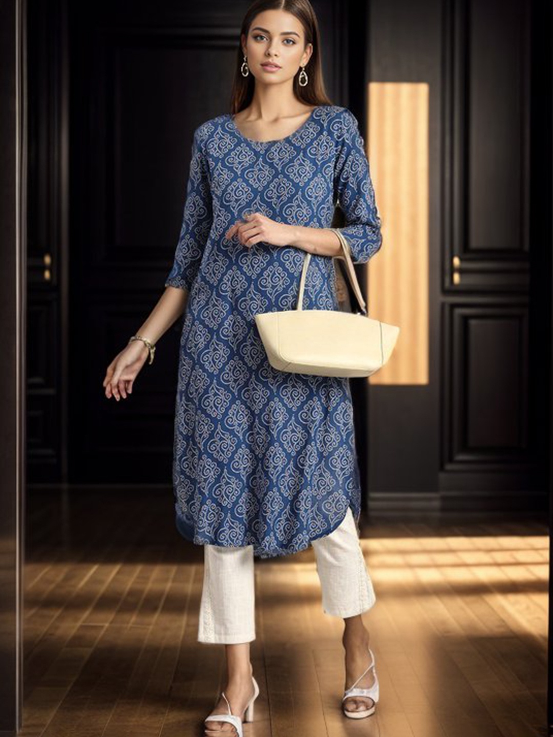 

kipek Women Ethnic Motifs Printed Straight Kurta, Navy blue
