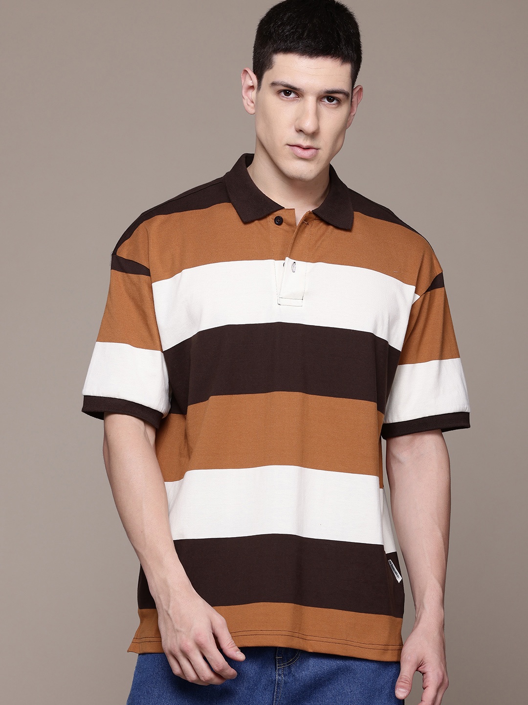 

The Roadster Lifestyle Co. Striped Polo Collar Drop-Shoulder Sleeves T-Shirt, Brown