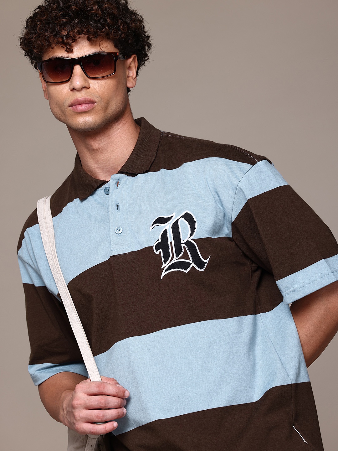 

The Roadster Lifestyle Co. Striped Drop-Shoulder Applique Polo Relaxed T-shirt, Brown
