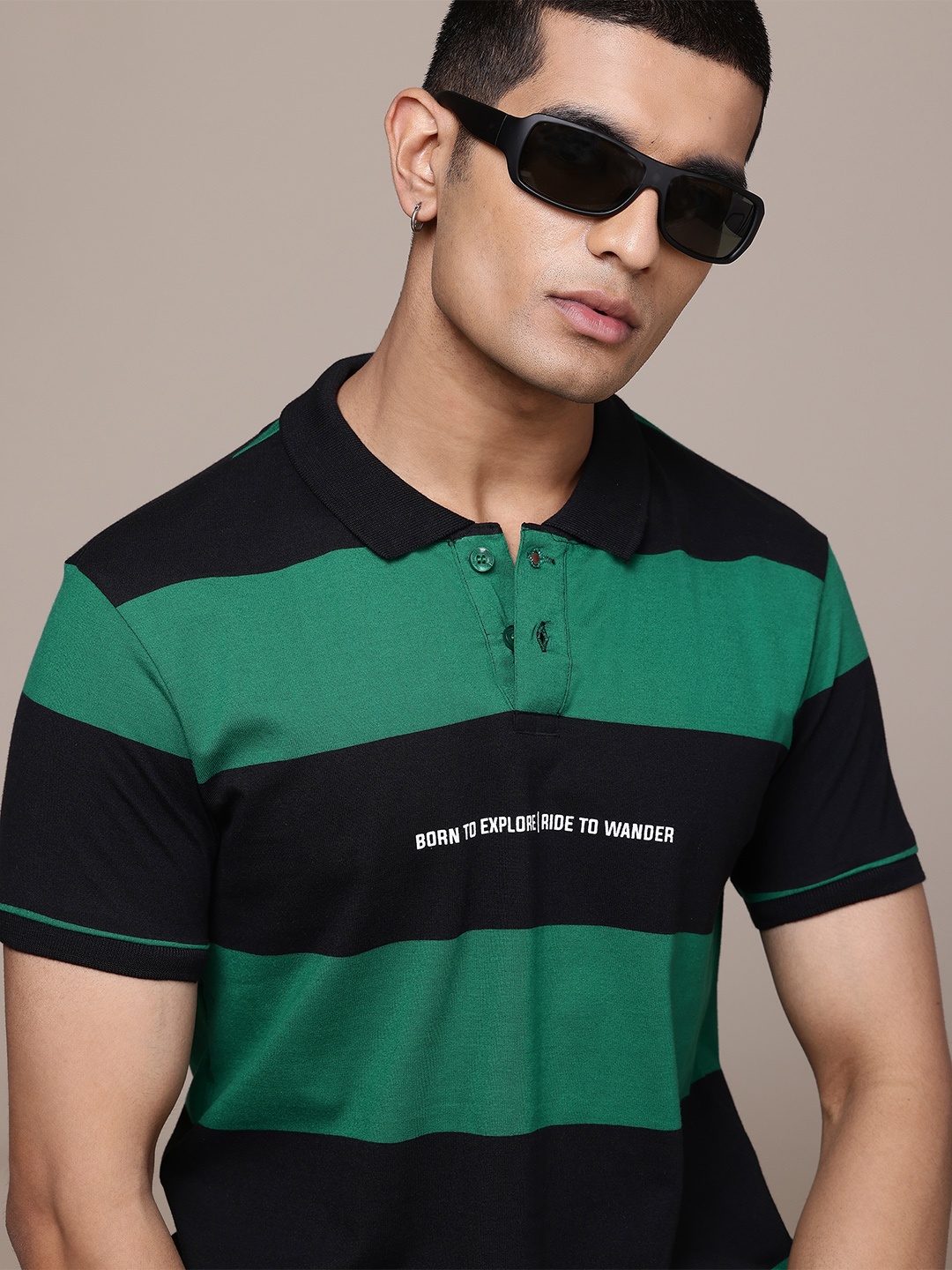 

The Roadster Lifestyle Co. Men Striped Polo Collar T-shirt, Green