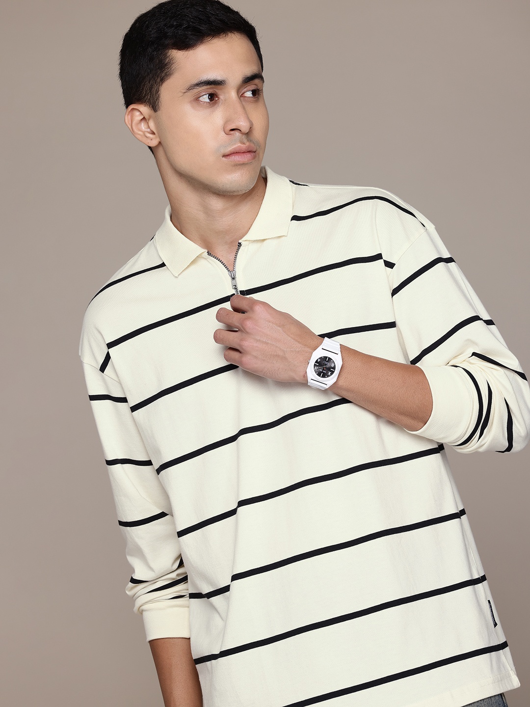 

The Roadster Lifestyle Co. Striped Polo Collar T-shirt, Cream