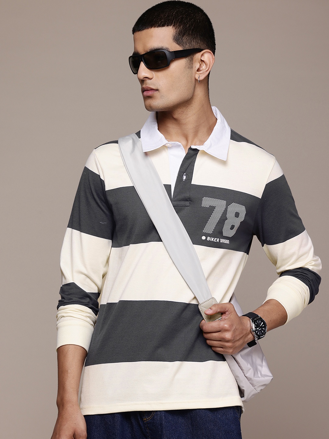 

The Roadster Lifestyle Co. Men Striped Polo Collar T-shirt, Grey