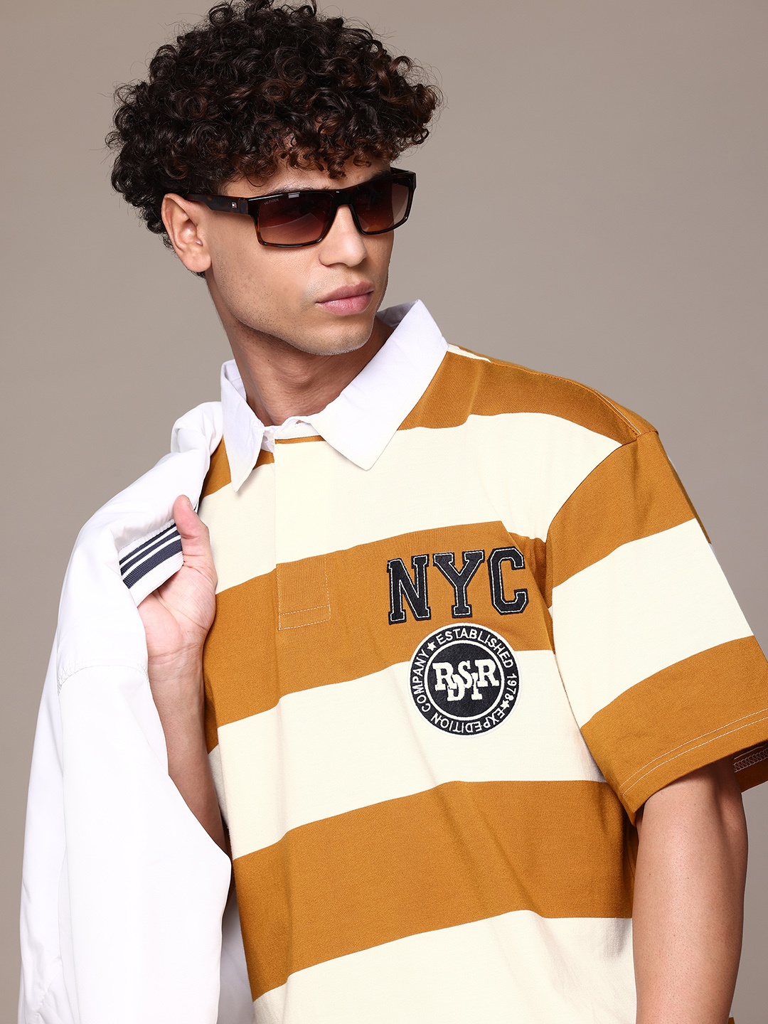 

The Roadster Lifestyle Co. Striped Drop-Shoulder Applique Polo Relaxed T-shirt, Mustard